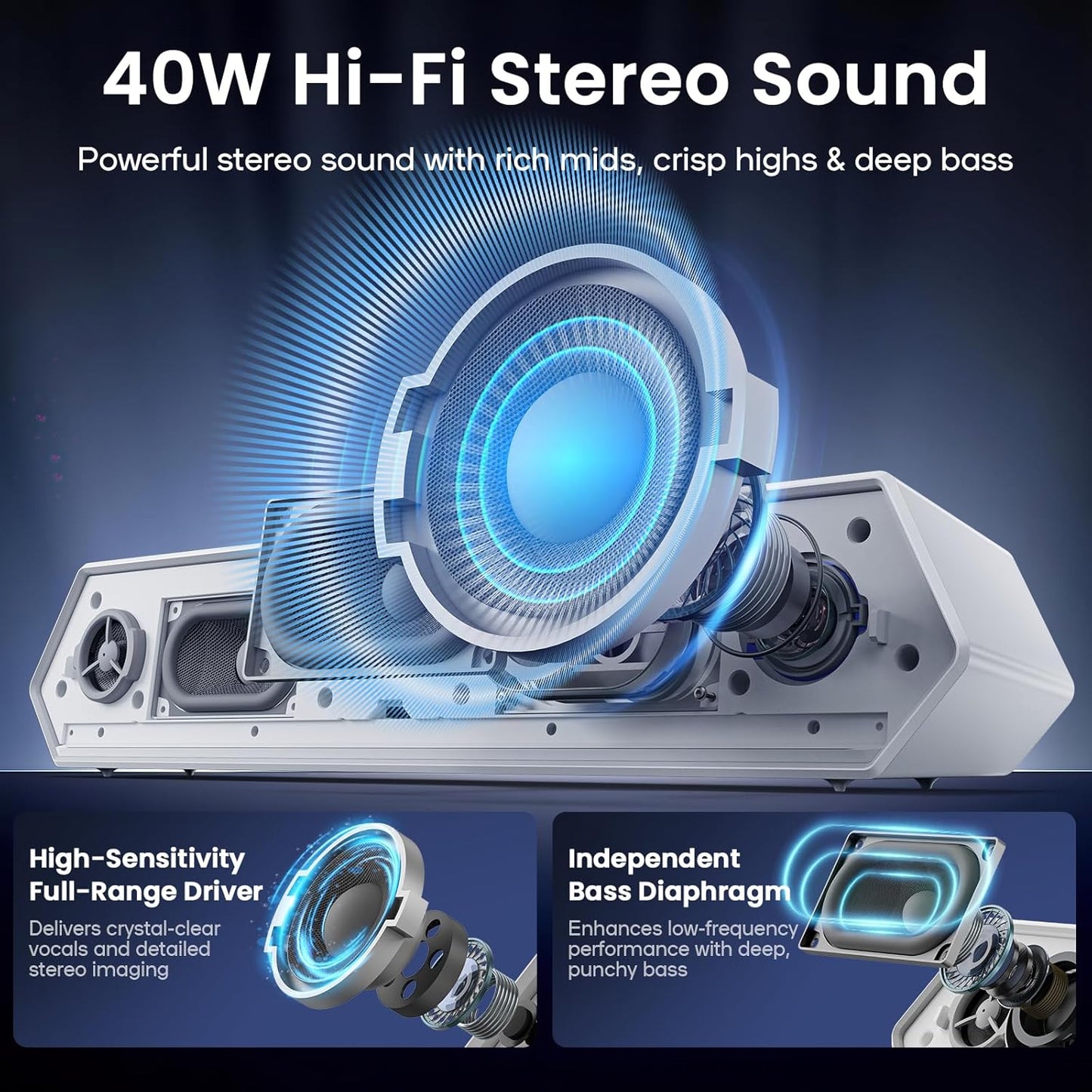 Deeyaple Computer Speakers, 40W Wireless Soundbar for Desktop PC with Bluetooth 5.3 & USB Audio, Dynamic RGB Lighting, Software Custom EQ, External Power Adapter Gaming Speakers, Laptop, Xbox White