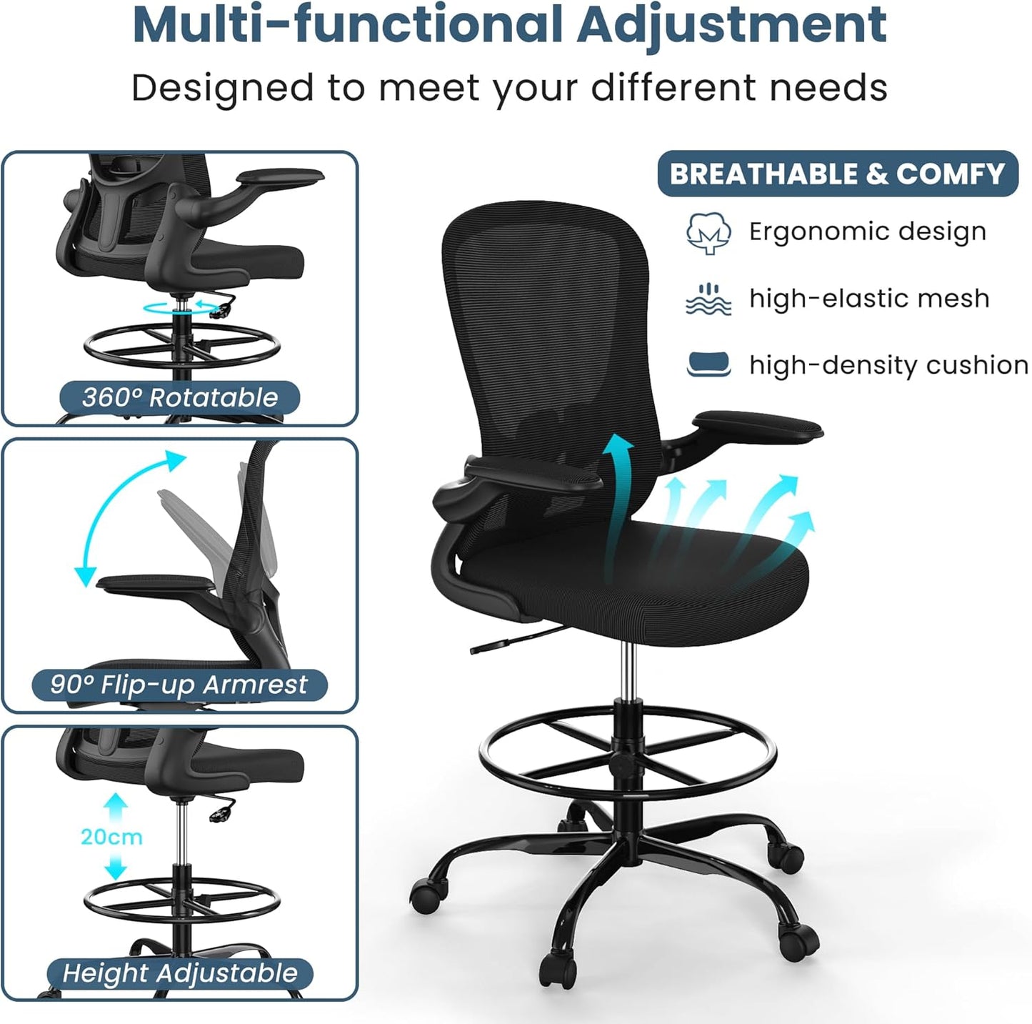 Drafting Chair, Tall Office Chair with Flip-up Armrests Executive Ergonomic Computer Standing Desk Chair, Office Drafting Chair with Lumbar Support and Adjustable Footrest Ring
