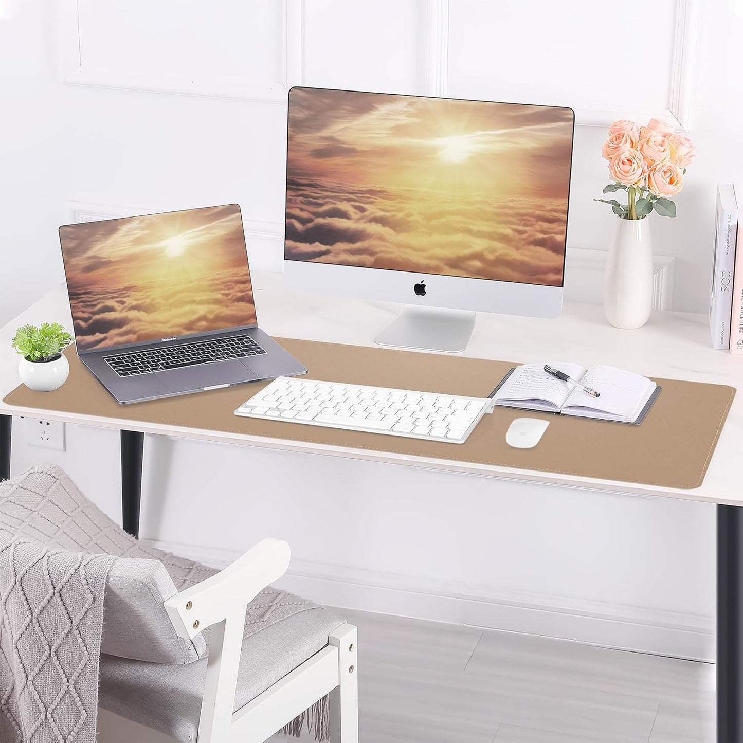 AFIING Leather Desk pad Protector, Large Desk mat with Natural Cork & PU Leather,Mouse pad,Non-Slip Office Desk Mat,Waterproof Desk Writing Pad for Office and Home (35.4in*17in,Dark Apricot)