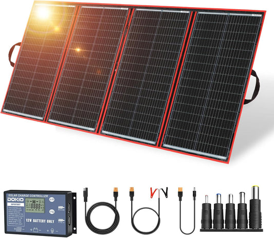 DOKIO 300W Portable Foldable Solar Panel Kit (20x38in, 15.3lb), with Separate Controller and Dual USB, Monocrystalline Charger for 12V Batteries & Power Stations, RV Camping Trailer Emergency Backup