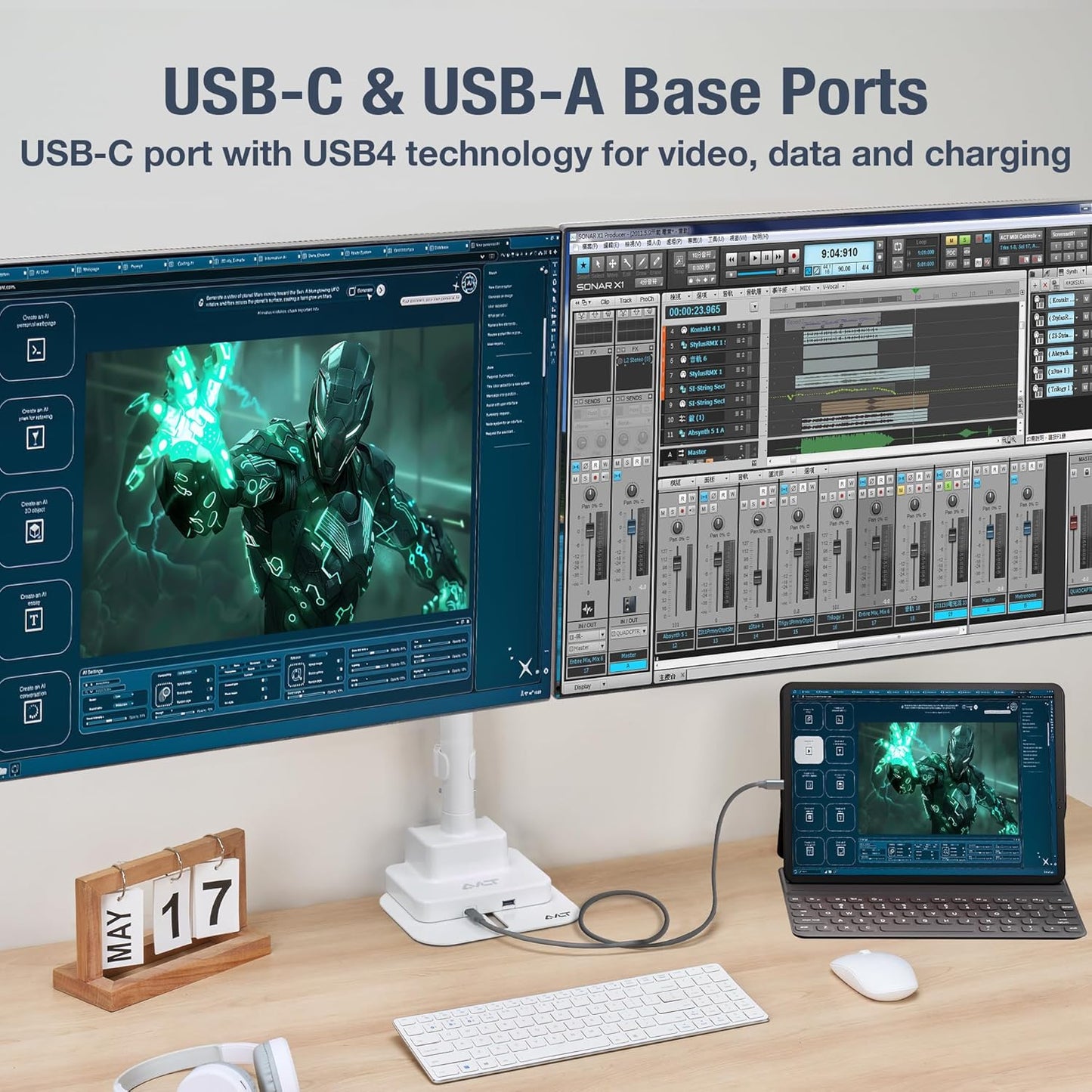 AVLT Dual 57 Inch Heavy Duty Stacking Monitor Arm Pole Top Mount With USB-C USB-A Ports-White, Height Adjustable, Easy Install Top C-Clamp/Grommet With Reinforcement Plates, VESA Compatible 200/100/75