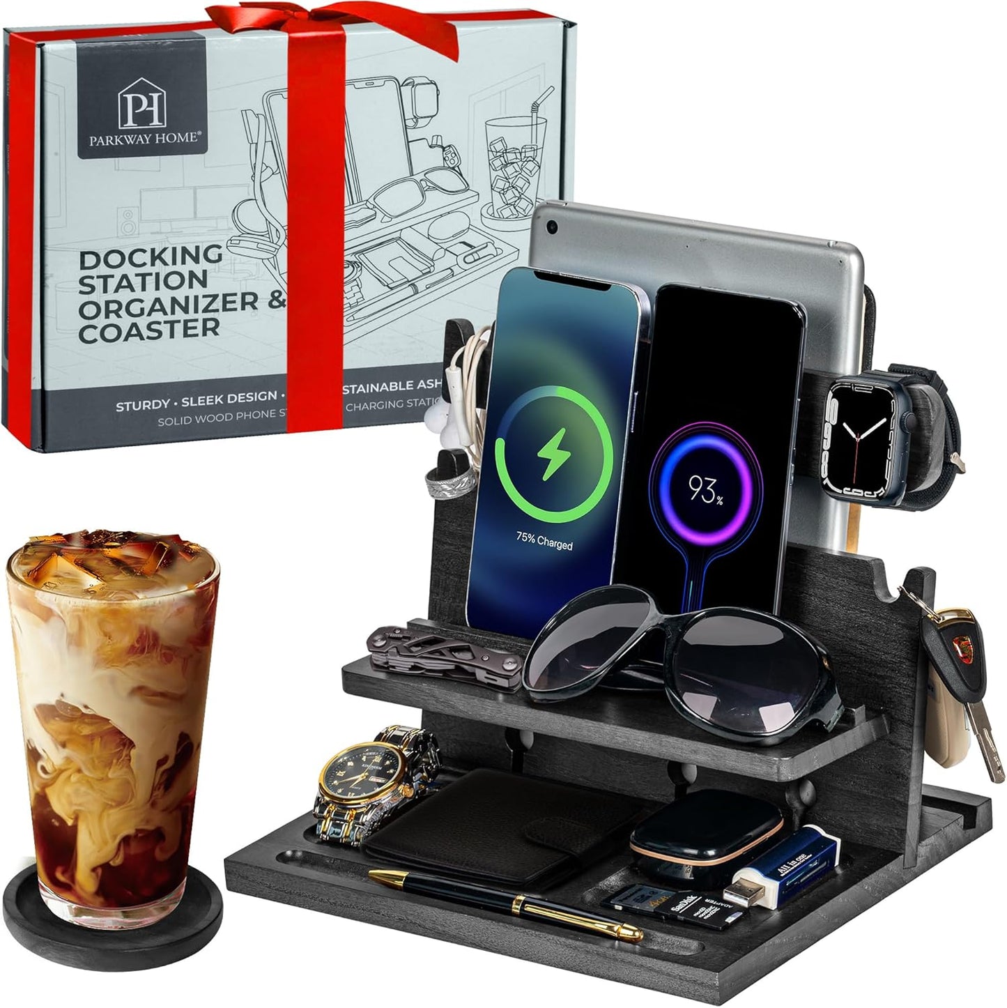 Black Wood Phone Docking Station for up to 3 Phones - Nightstand Organizer for Men & Women, Compatible with Apple Watch, Holds Phones, Tablets, Keys, Rings, Glasses, Watches, EDC & More