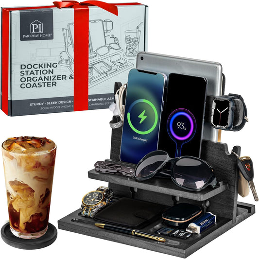 Black Wood Phone Docking Station for up to 3 Phones - Nightstand Organizer for Men & Women, Compatible with Apple Watch, Holds Phones, Tablets, Keys, Rings, Glasses, Watches, EDC & More