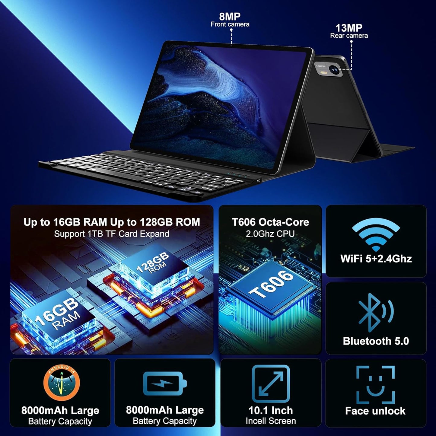 Android 14 Tablet with Keyboard，16GB RAM 128GB ROM 1TB Expand, 8000mAh Battery, 10.1 Inch Tablet with 13MP+8MP Camera/Bluetooth/GPS/WiFi/HD Display (Dark Gray)