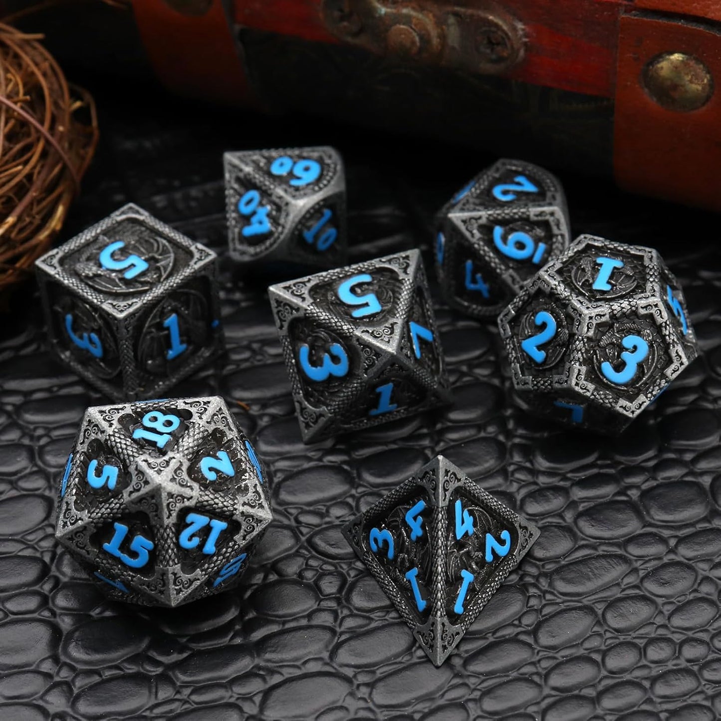 Haxtec Metal DND Dice Set Black Blue Dragon D&D Dice Set with Leather Dice Bag Metal Polyhedral Dice Compatible with Dungeons and Dragons Gifts TTRPG Dice