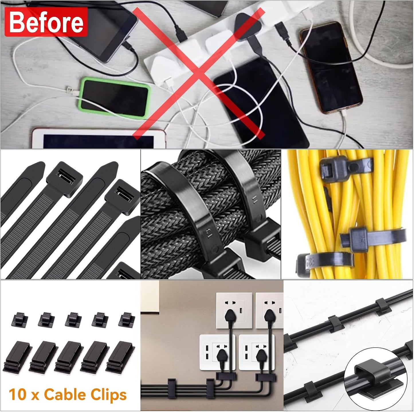 Cable Management Box 3 Pack with 125PCS Cable Management Kit for Power Strip to Hide Wires,Cord Organizer Boxes,Safe ABS Material Wire Organizer of Cable Clips Sleeve for Home & Office