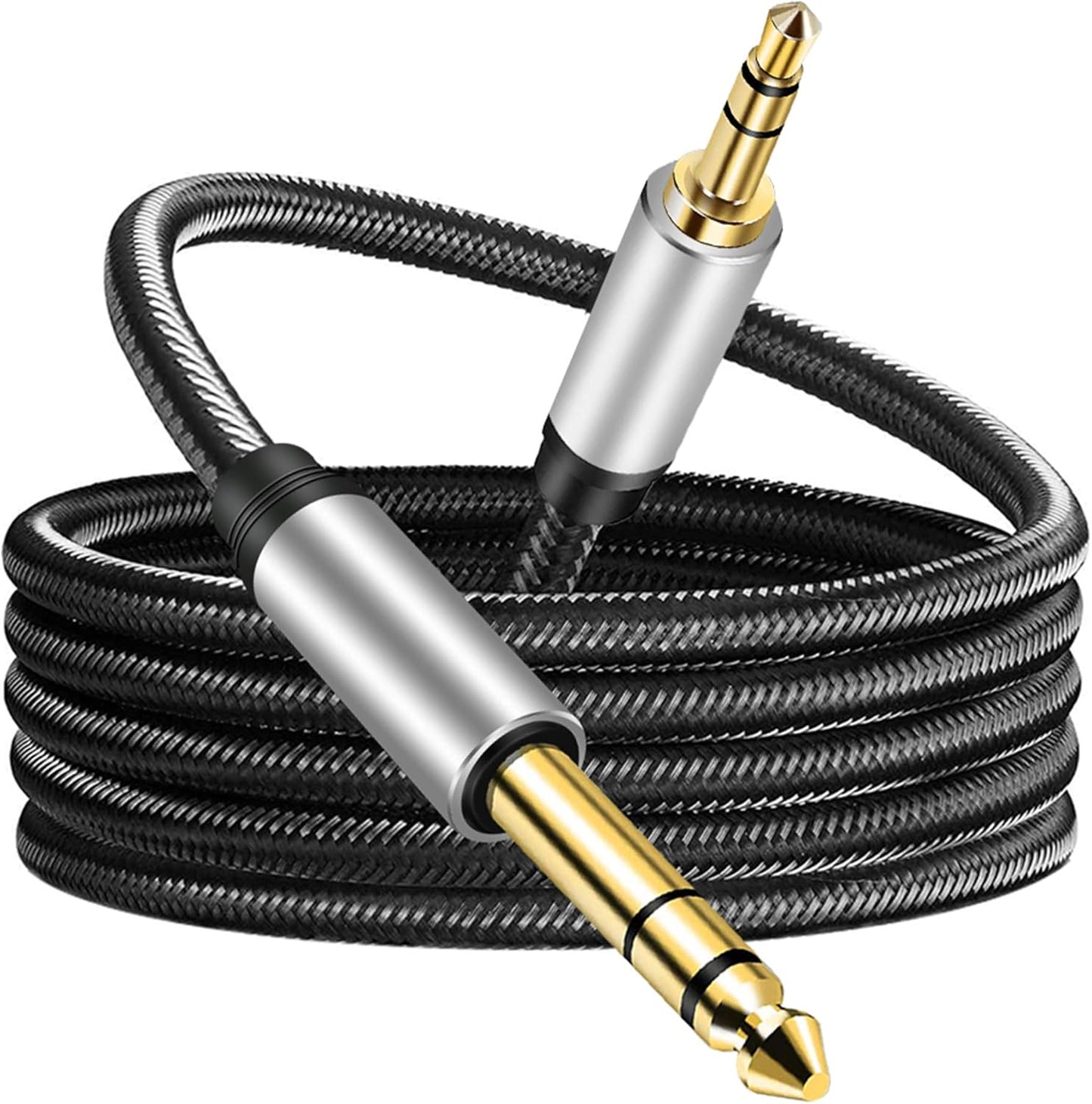 3.5 mm to 6.35 mm Audio Cable 15Ft, Gold-Plated Terminal Silver Color Zinc Alloy Housing 3.5mm 1/8" Male TRS to 6.35mm 1/4" Male TRS Nylon Braided Stereo Audio Cable for Cellphone, Amplifiers(15Ft/5M)