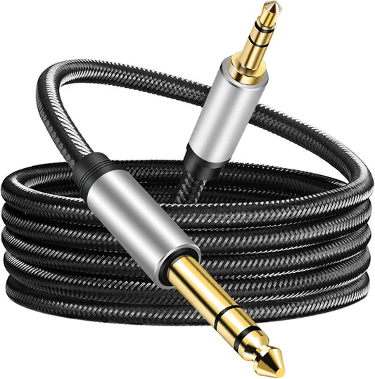 3.5 mm to 6.35 mm Audio Cable 25Ft, Gold-Plated Terminal Silver Color Zinc Alloy Housing 3.5mm 1/8" Male TRS to 6.35mm 1/4" Male TRS Nylon Braided Stereo Audio Cable for Cellphone, Amplifiers(25Ft/8M)