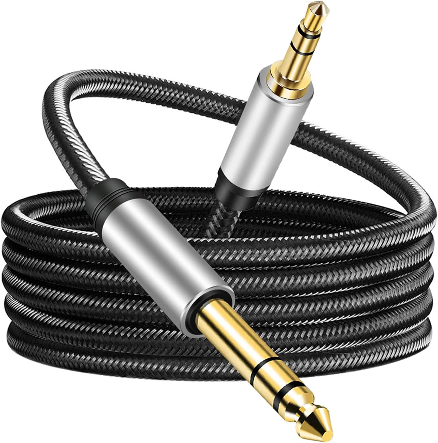 3.5 mm to 6.35 mm Audio Cable 12Ft, Gold-Plated Terminal Silver Color Zinc Alloy Housing 3.5mm 1/8" Male TRS to 6.35mm 1/4" Male TRS Nylon Braided Stereo Audio Cable for Cellphone, Amplifiers(12Ft/4M)