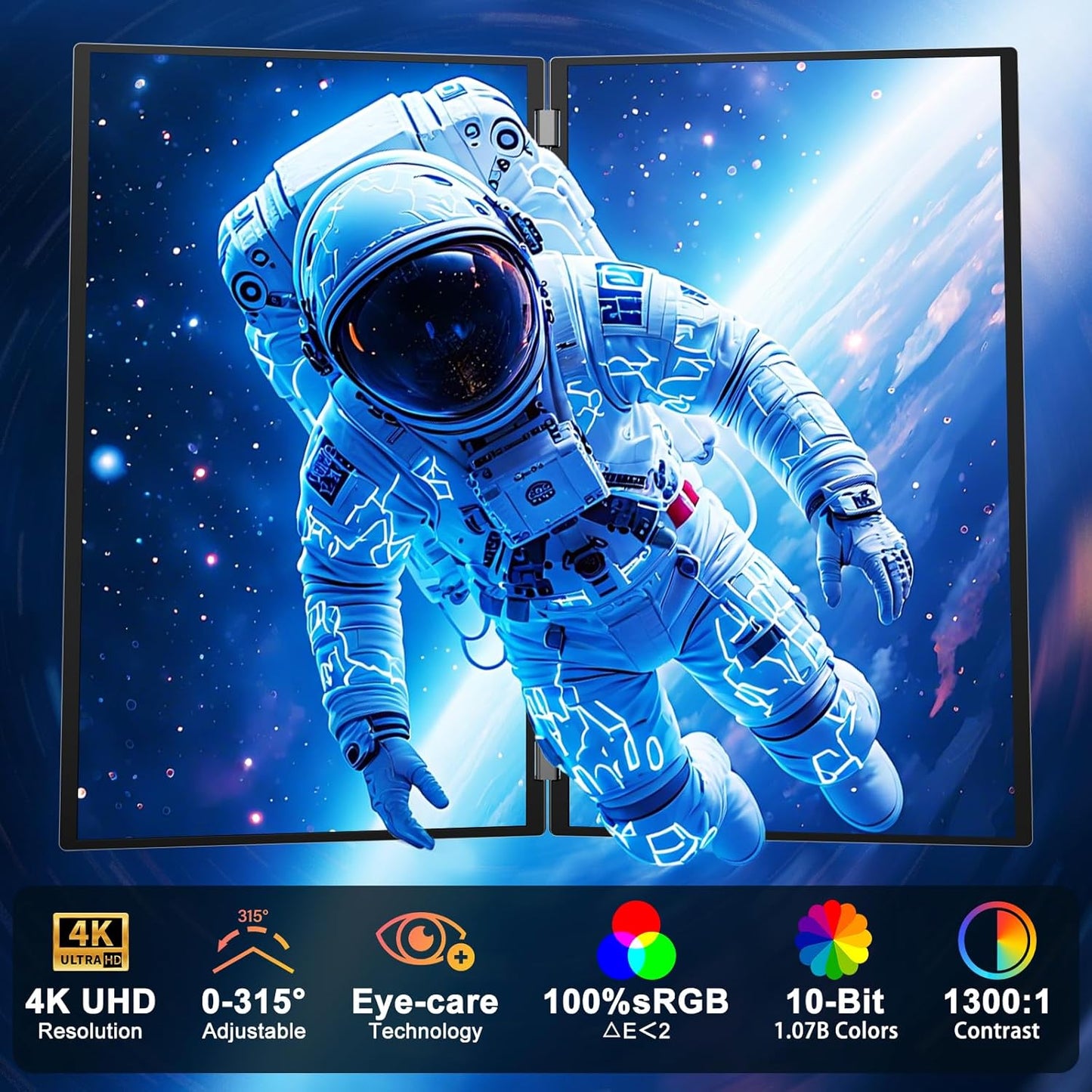 InnoView 23.8" Dual Portable Monitor 100% sRGB 3840x2160P 4K 315°Adjustable Dual Stacked Foldable Monitor Built-in Speakers Screen Extender with HDMI/USB-C/DP for Laptop Windows Mac