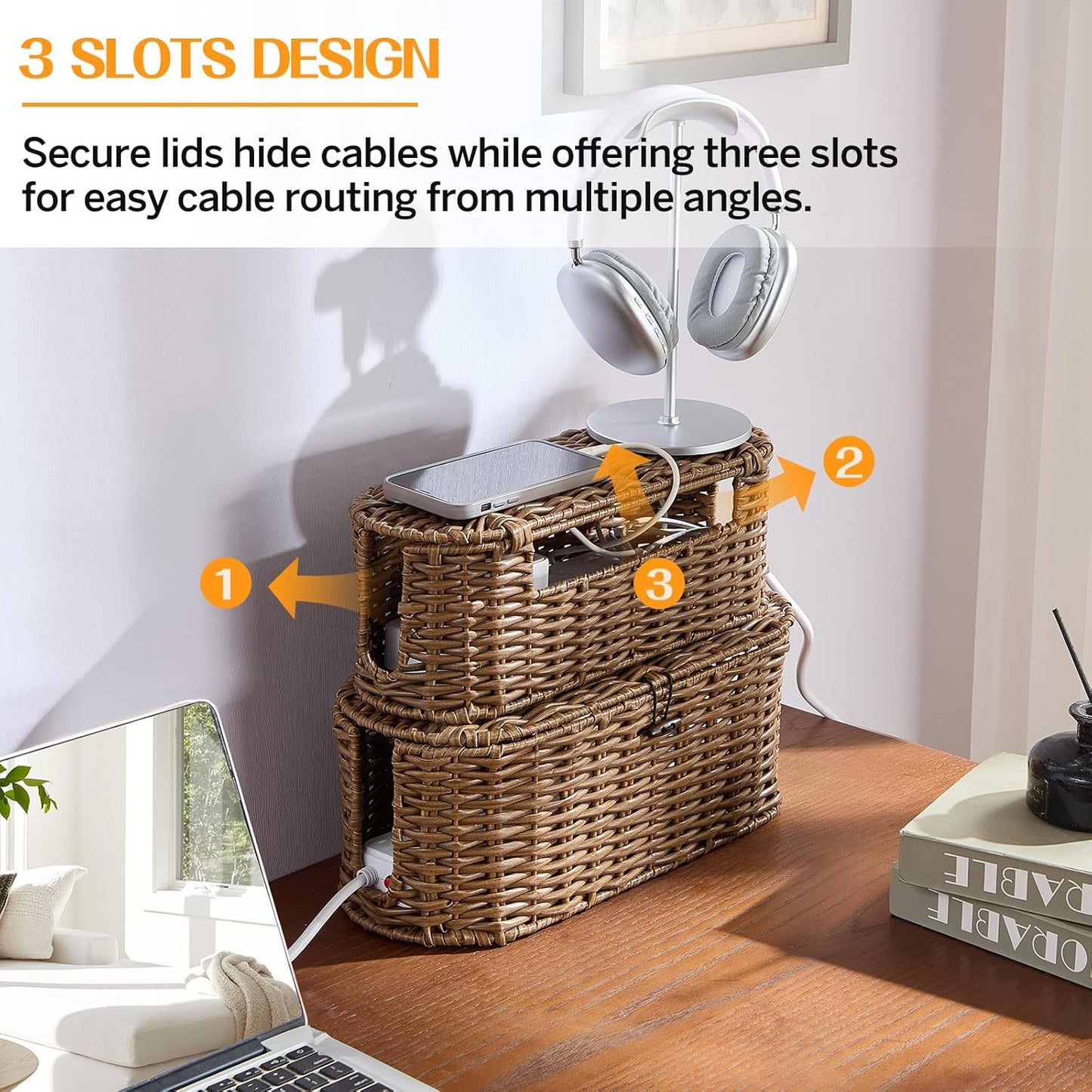 FairyHaus Cable Management Box 2Pack Brown, Handwoven Large and Small Cable Organizer Box Cover to Hide Cords and Power Strip, Imitation Wicker Cord Organizer Box Hider for Office Desk and Floor