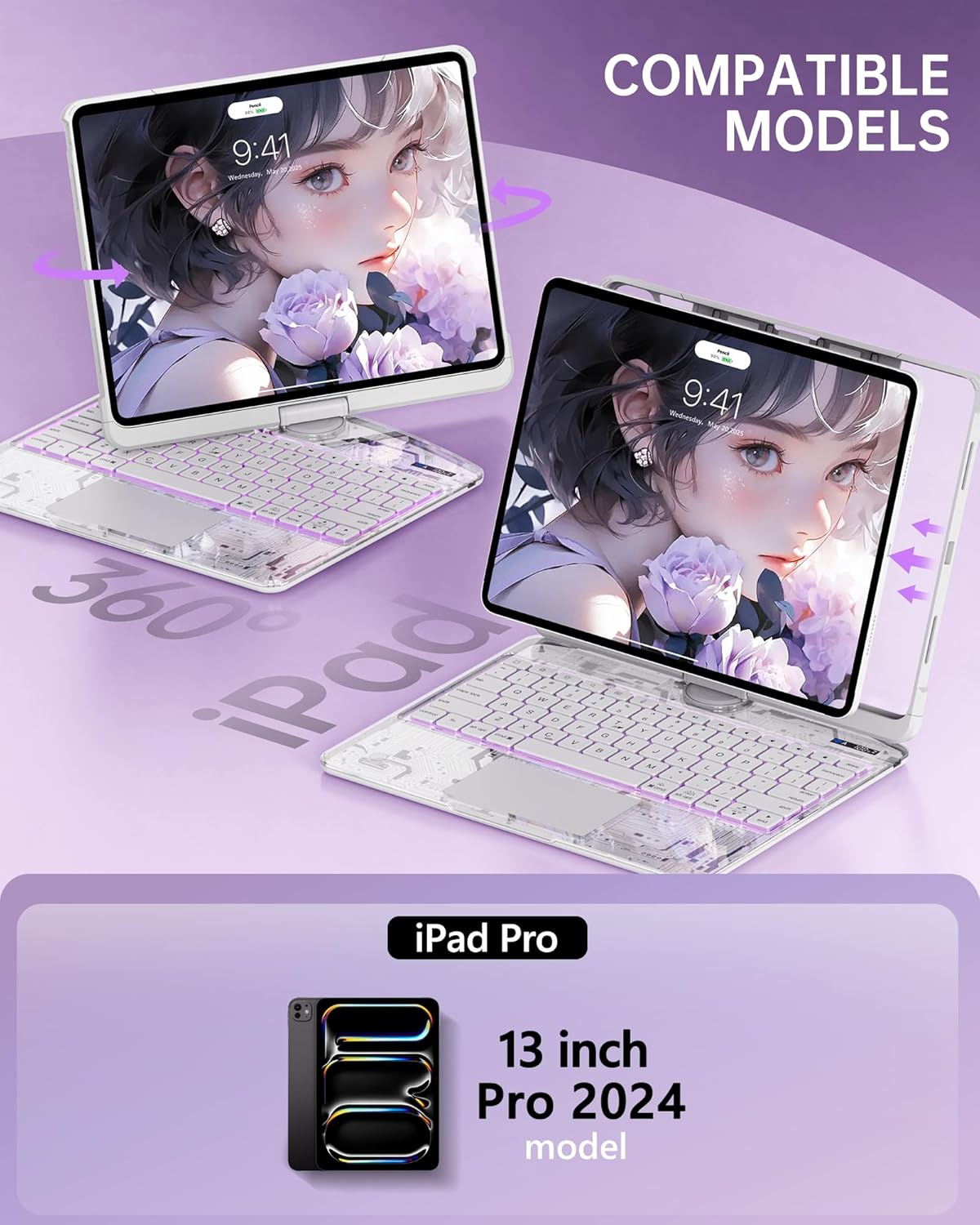 Intermerge Clear Keyboard Case for iPad Pro 13" (M4) 2024 Only, 360° Swivel Multi-Touch Trackpad, 7-Color RGB Backlit, Pencil Holder, Type-C, Power Indicator, Frost Pulse
