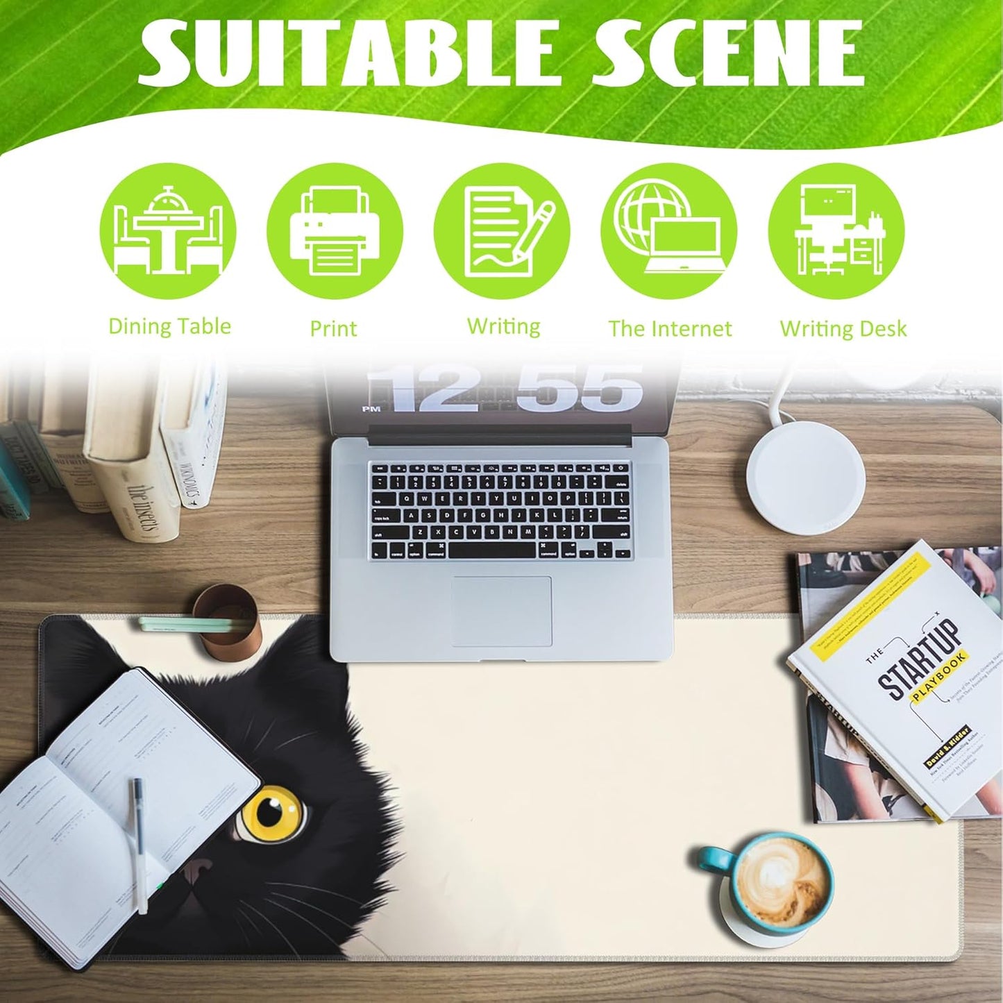 Desk Pad,Black Cat Desk Mat,Cute Cat Large Gaming Mouse Pad for Desk,Extended Big Computer Keyboard Mouse Pad with Non-Slip Base and Stitched Edge,31.5"x11.8"