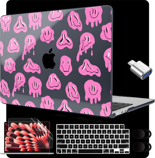 MEEgoodo for M4/M3/M2 MacBook Air 15.3 inch Case 2025 2024 2023, Case Fit Model (A3241/A3114/A2941) for MacBook Air 15 inch, Laptop Hard Shell with Keyboard Cover, Pink Groovy Emoji