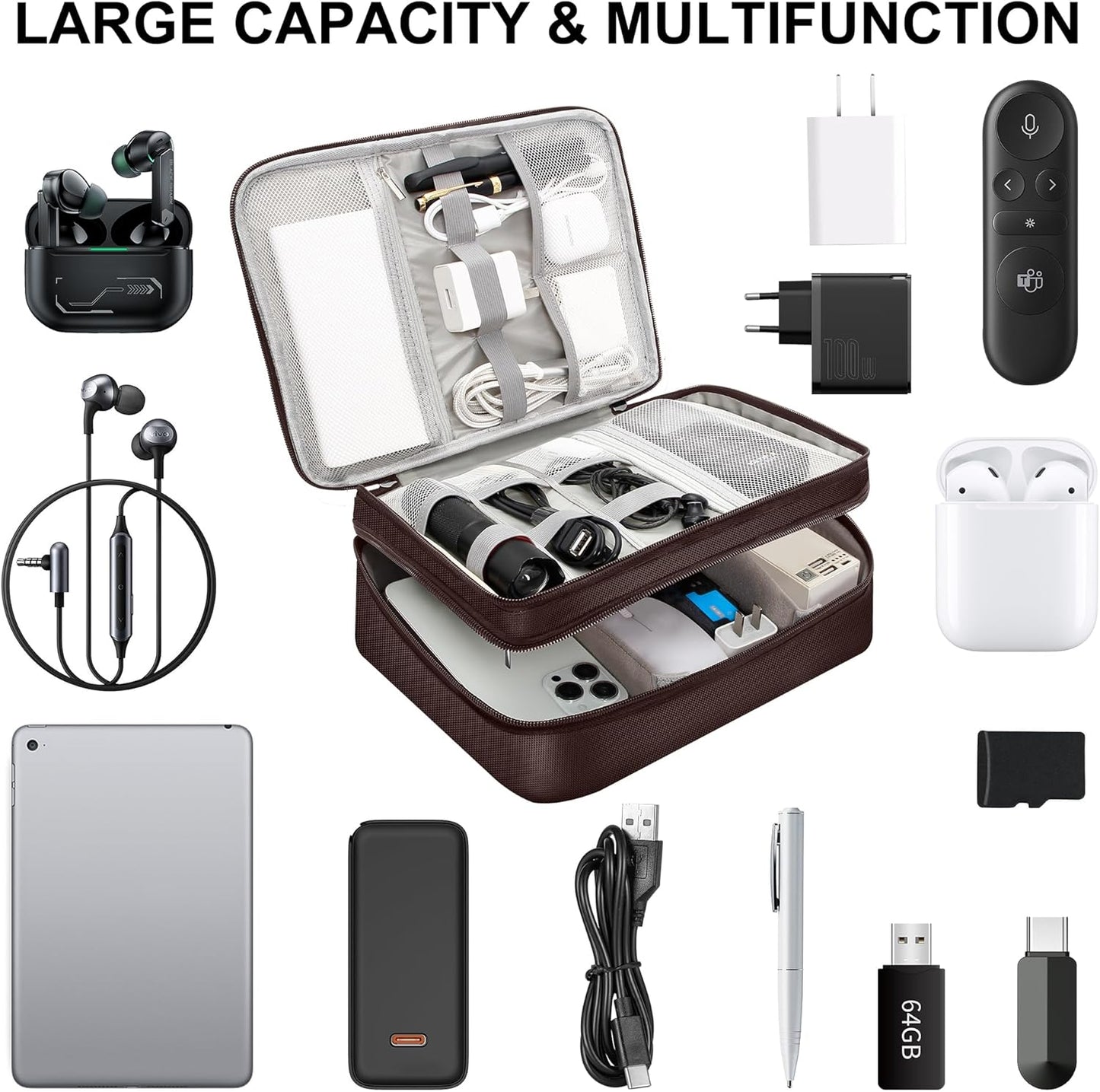 CILLA Electronic Organizer Travel Case, Travel Cord Organizer Case Portable Waterproof Cable Organizer Bag for Charger, Cord, USB, Power Bank, Earphone, 9817, Coffee