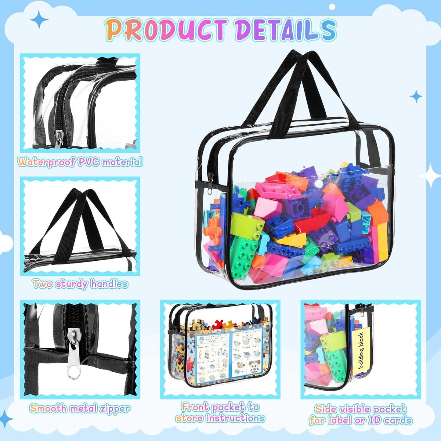 8 Packs Large Toy Storage Bags with Labels&Manual Pocket, Reusable Clear PVC Board Game Storage Bags, Travel Waterproof Organizer Bags with Zipper for Building Blocks, Puzzle, Cosmetic