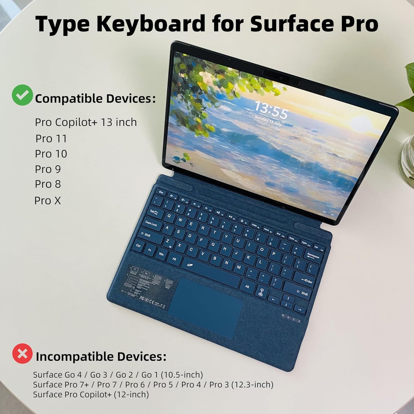 Keyboard for Microsoft Surface Pro Copilot+ (11th Edition) / Pro 11 / Pro 10 / Pro 9 / Pro 8 / Pro X, 13 inch, Detachable Type Cover with Touchpad, 7-Color Backlit & Pen Holder (Sapphire)