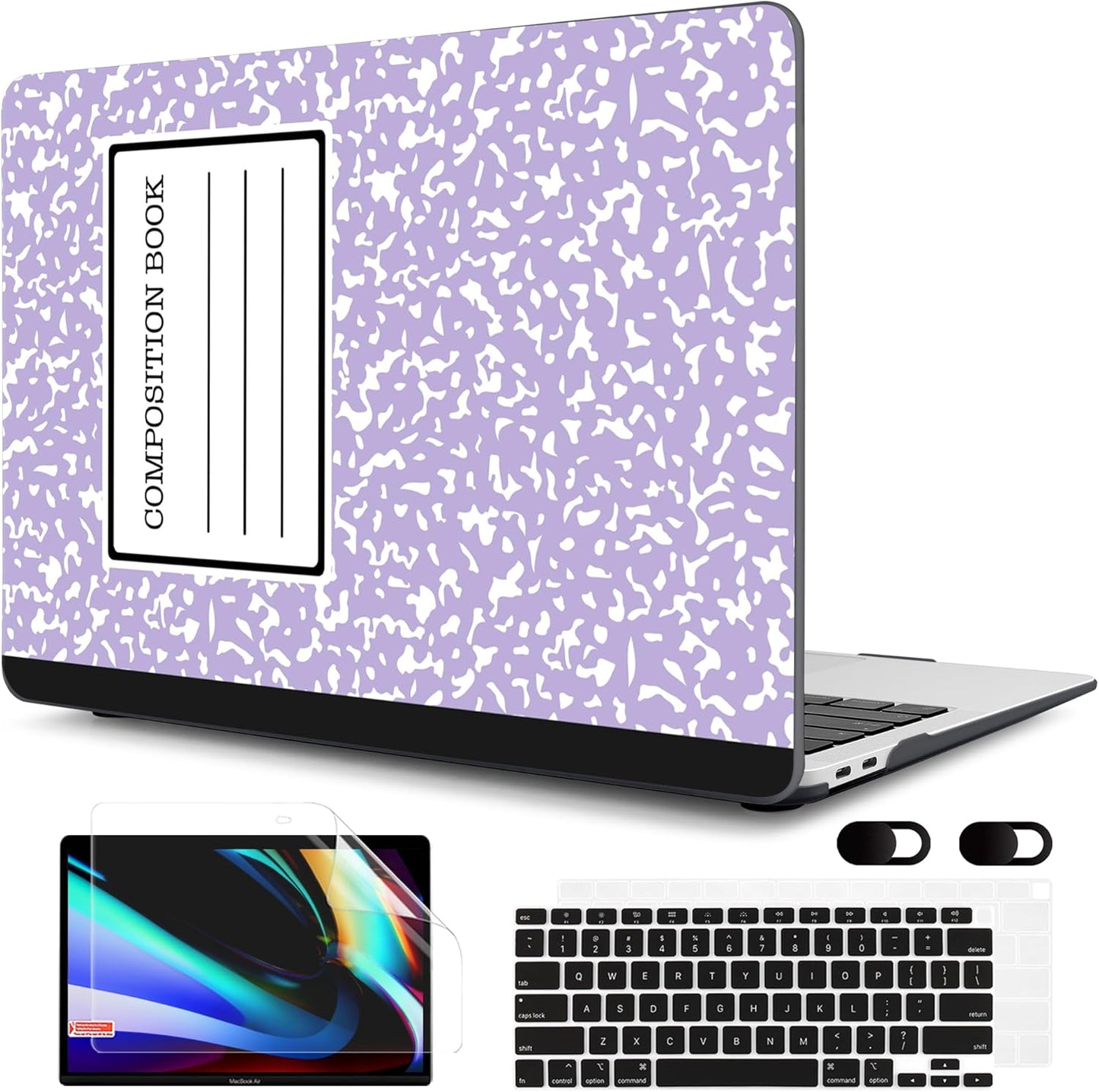MEEgoodo for MacBook Air 13 inch Case 2021 2020 2019 Released A2337 M1 A2179 A1932 with Touch ID, Plastic Hard Shell Keyboard Cover Compatible with MacBook Air 13 inch Retina, Composition Book Purple
