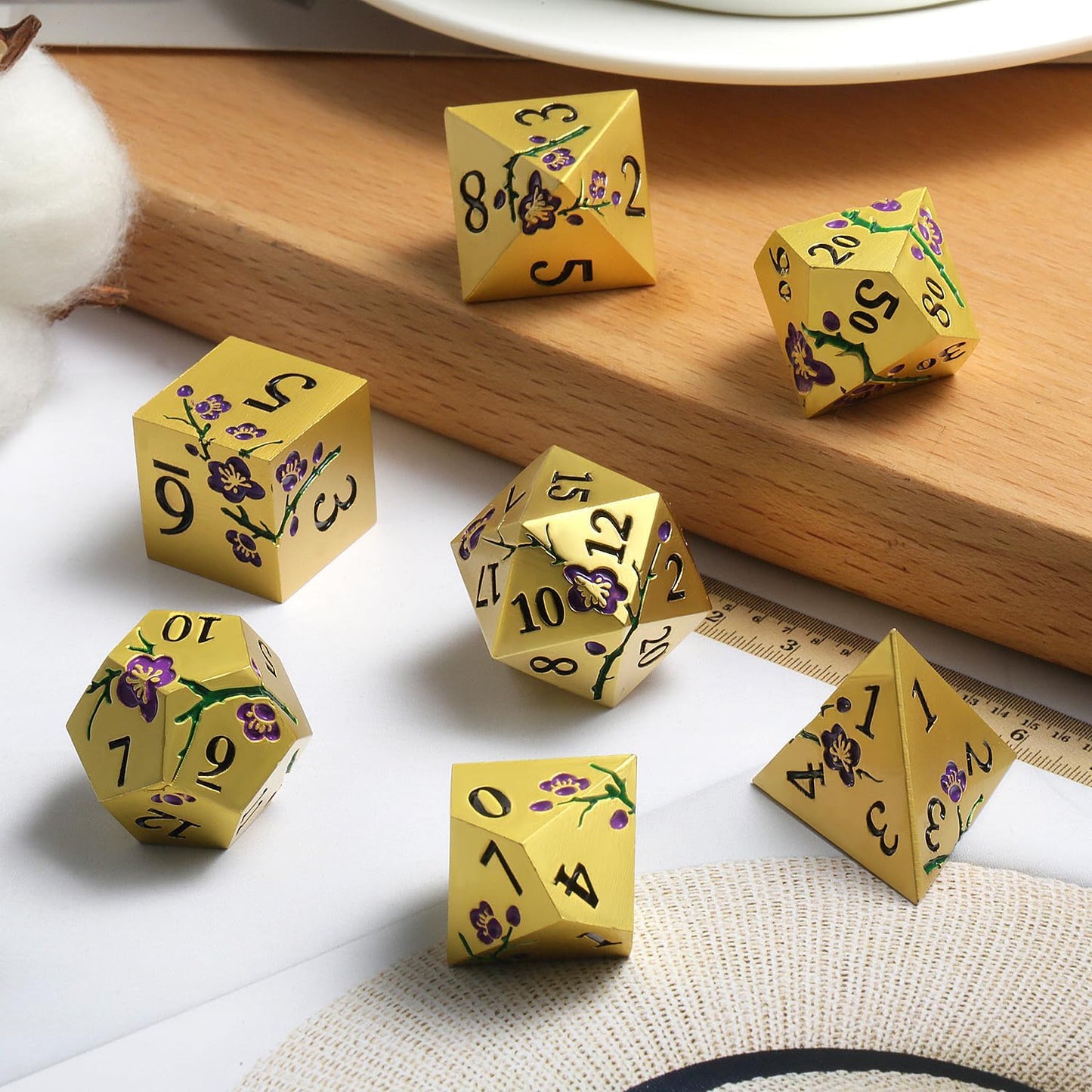 DNDND Metal Dice Set, 7 PCS Metallic Flowers DND Dice with Gorgeous Gift Case for D&D Dungeons and Dragon Tabletop Game (Purple Flowers with Gold)