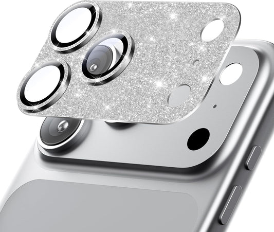 Hoerrye for iPhone 17 Pro Max Camera Lens Protector - [12FT Shatterproof Military Grade] [Strong Adsorption] Metal 9H+ Tempered Glass Camera Screen Full Cover Case Friendly,Glitter Silver