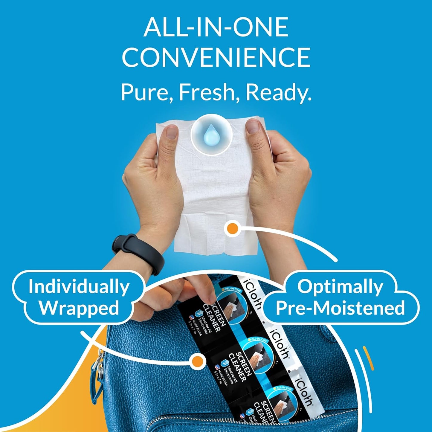 iCloth Large Screen Cleaning Wipes for Electronics, Lint-Free and Streak-Free, Fast-Drying, Removes Dust, Fingerprints, and Smudges (100 Wipes)