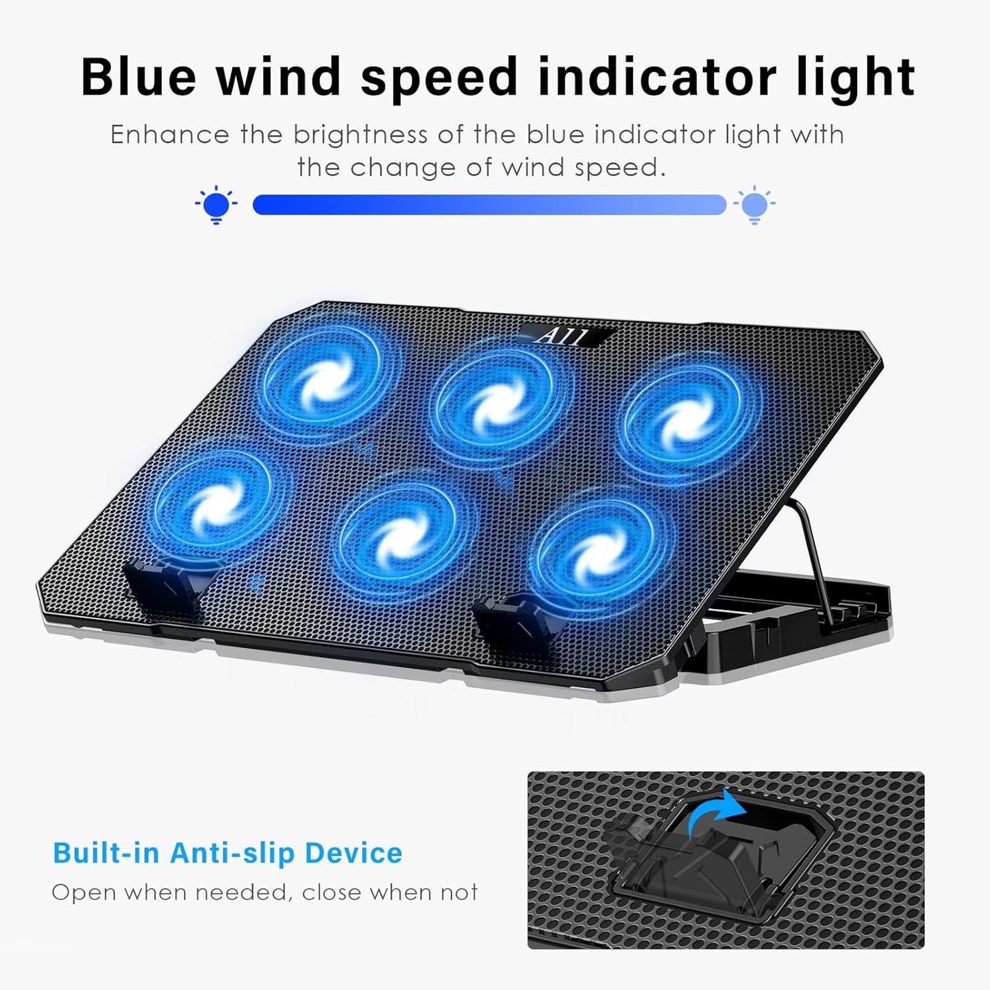 Laptop Cooling Pad, Laptop Cooler 6 Quiet Fans for 12"-17" Laptops, Laptop Cooler Stand with Phone Stand, Gaming Laptop Fan Cooling Pad Slim Portable USB Powered with 5 Angle Adjustable, 2 USB Ports