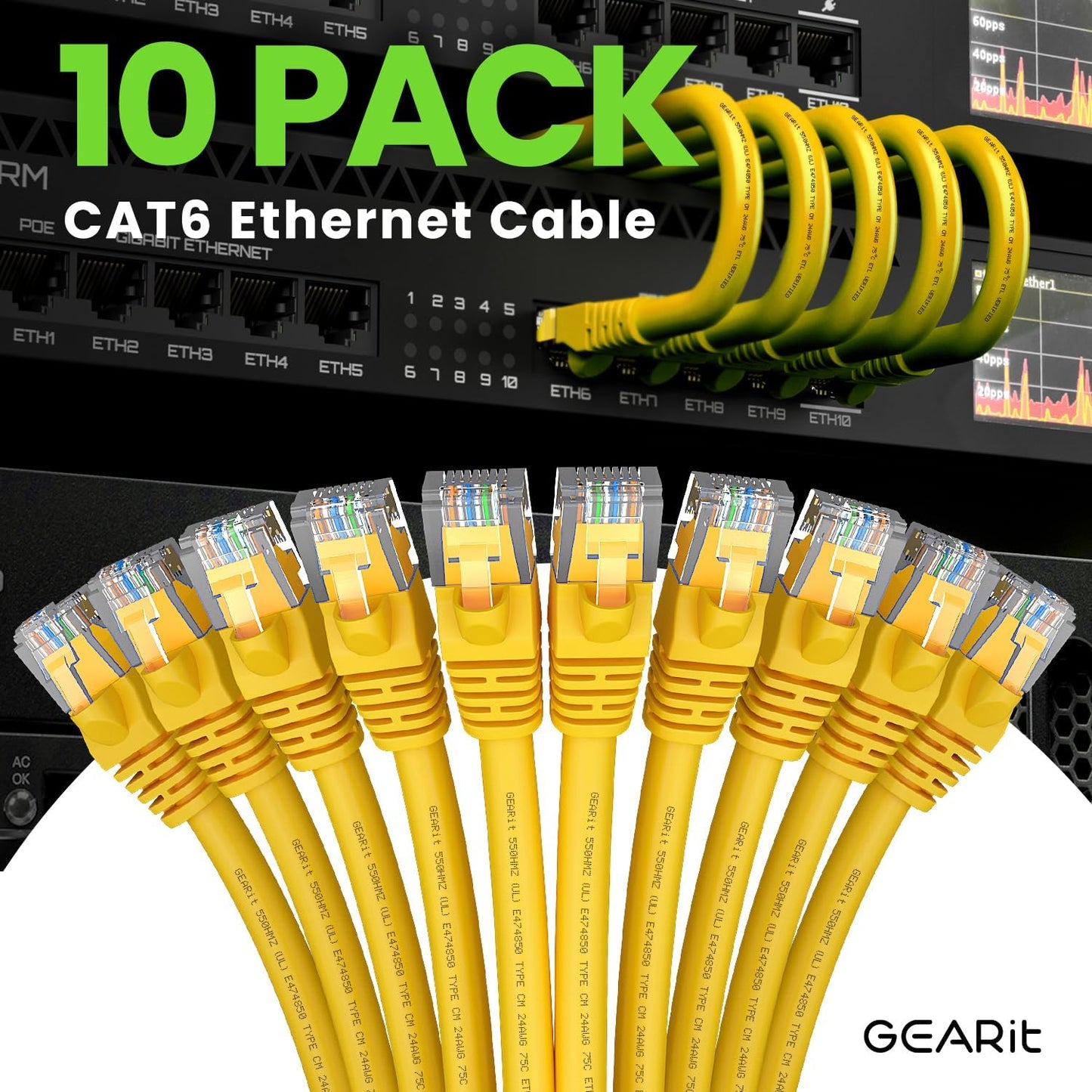 GearIT Cat 6 Ethernet Cable (10-Pack 15 Feet) Cat6 Network Patch, 10Gbps, RJ45, Snagless Cord, Gold-Plated Connectors, Internet for PC, TV, Tablet, Router, Printer, Servers, IT Data Center - Yellow