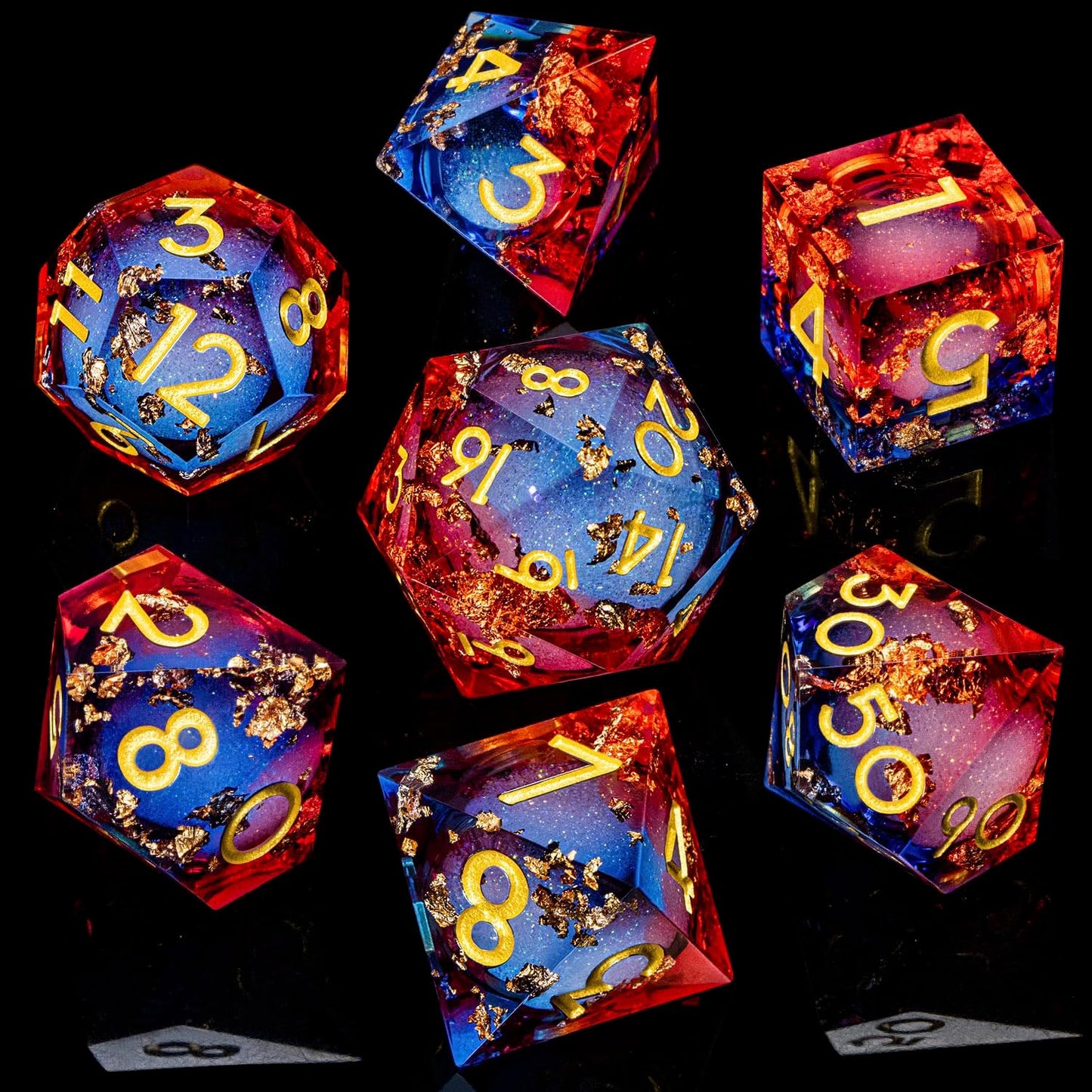 ARUOHHA Liquid Core DND Dice Set, 7pcs Resin Sharp Edged Dragons Dice Compatible with D&D Role Playing Games, RPG Golden Numbers Blue Red Dungeons Polyhedral D and D Dice with Gift Box D20 D10 D6