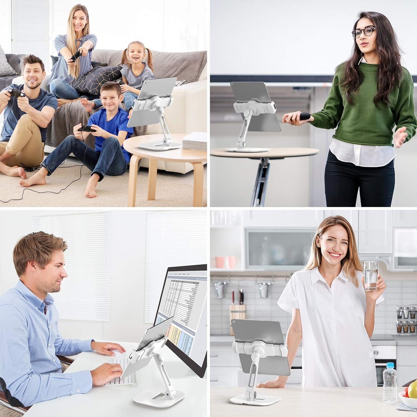 AboveTEK Tablet Stand Holder, Stylish Aluminum iPad Stands, Foldable 360° Swivel iPad iPhone Table Stand Holder fits 4-11" Tablets/Smartphones for Kitchen Bedside Office POS Showroom Reception (White)