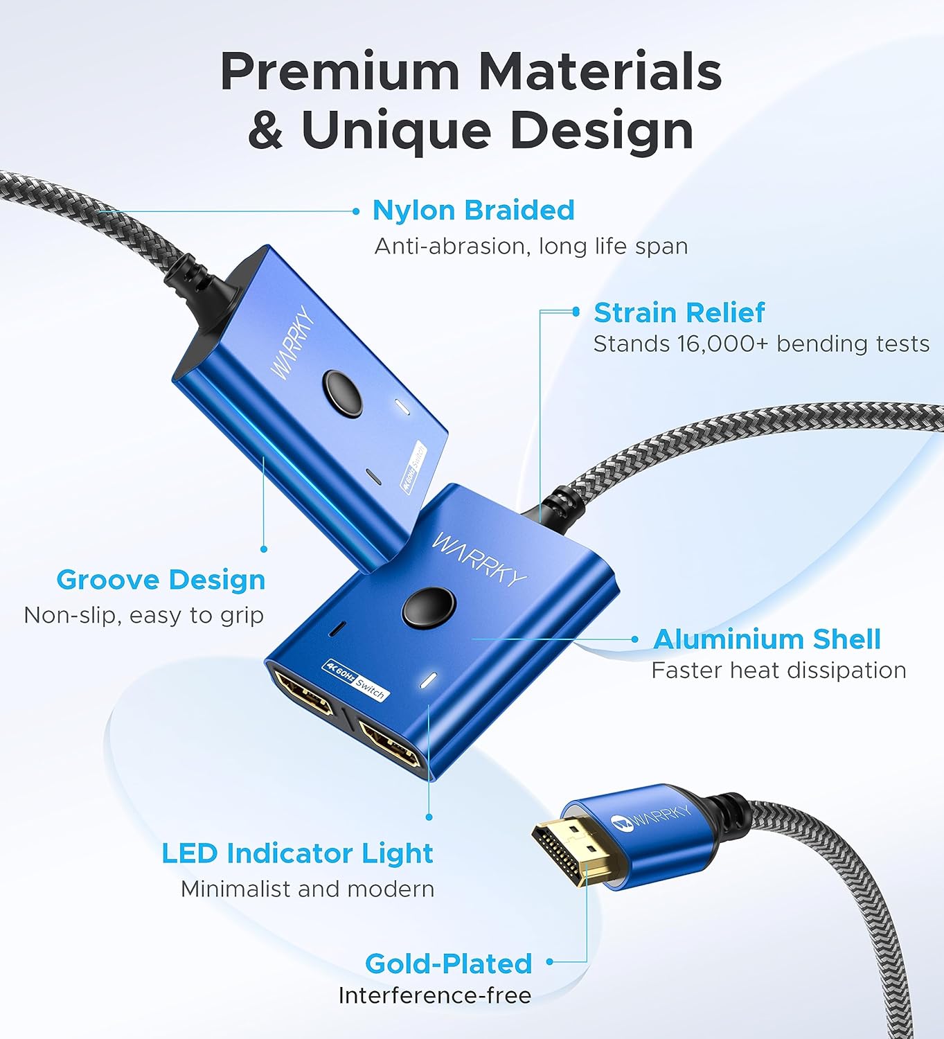 4K@60Hz HDMI Splitter Switch 2 in 1 Out, WARRKY [3.3ft Fixed Braided HDMI Cable, Aluminum Case, HDCP 2.2] Bidirectional 2x1 Switcher UHD Compatible for PS5/4, Nintendo Switch, Roku, FireStick – Blue