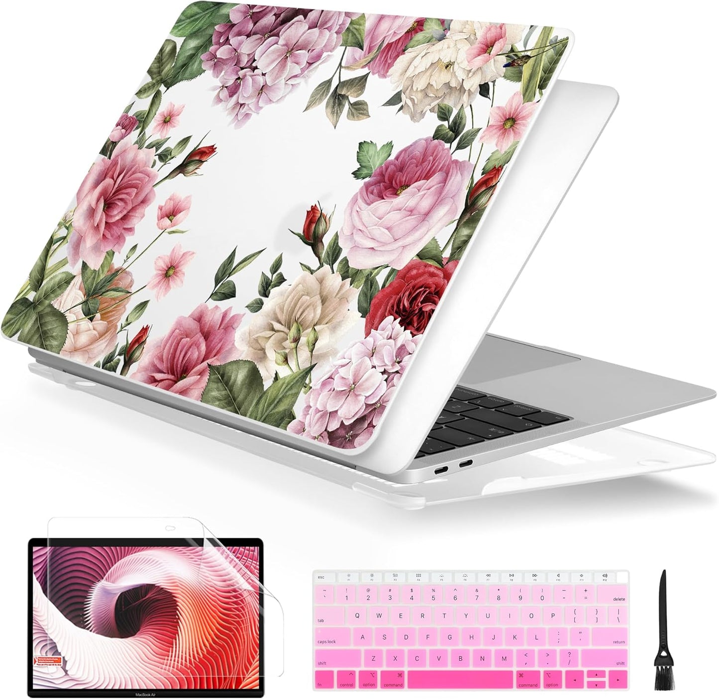 Batianda for MacBook Air 13 Inch Case 2020 2019 2018 A2337 A2179 A1932, Printing Clear Hard Shell Cover with Keyboard Cover & Screen Protector for New MacBook Air 13 Retina & Touch ID (Flower-White)