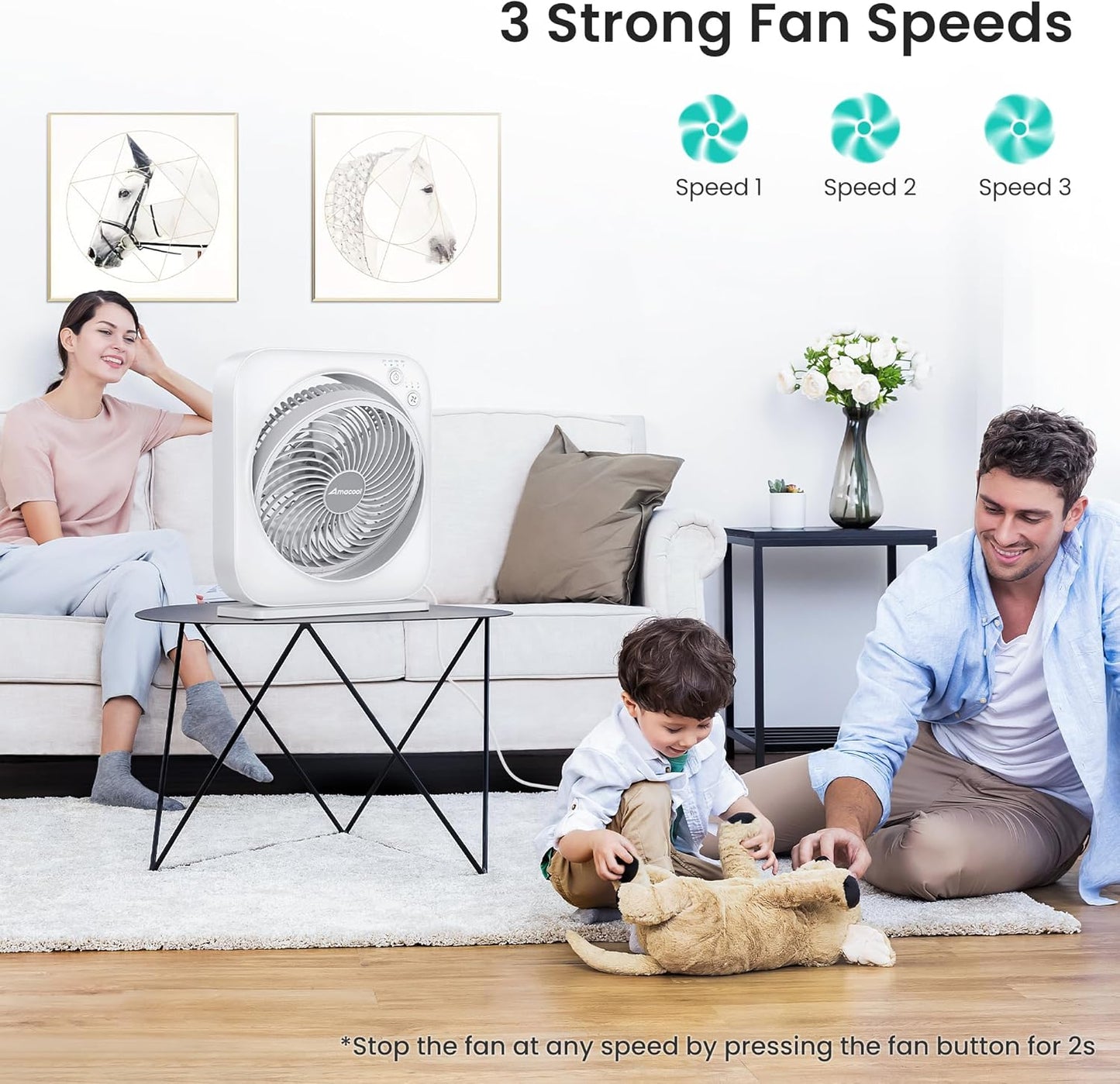 AMACOOL Table Fan, 12 inch Box Fan with 3 Adjustable Speeds & 8HRS Timer, 270° Pivoting Quiet Air Circulator, Desktop Fan for Bedroom Bathroom Kitchen Office, AC Adapter Included-White
