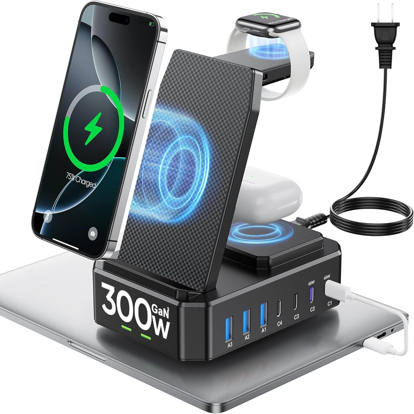 300W Charging Station for Multiple Devices Apple,10 in 1 Wireless Charger for iPhone,GaN III USB C 65W PD Fast Charging Stand Dock for MacBook,iWatch&Airpods (Wireless Charging Only for Apple)