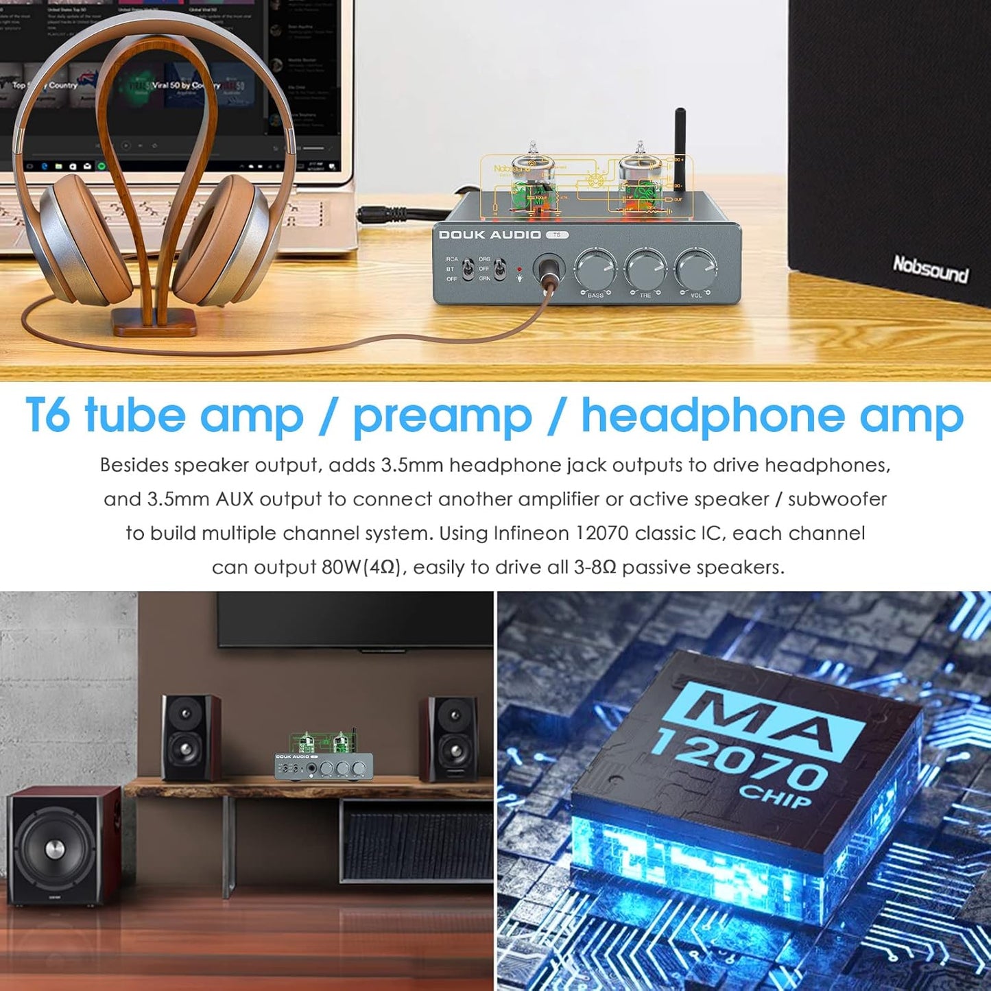 Douk Audio T6 2 Channel 80 watts x2 Bluetooth Tube Amplifier Hi-Fi Stereo Power Amp Audio Wireless Receiver with Headphone/Line Output & Treble Bass Tone Control