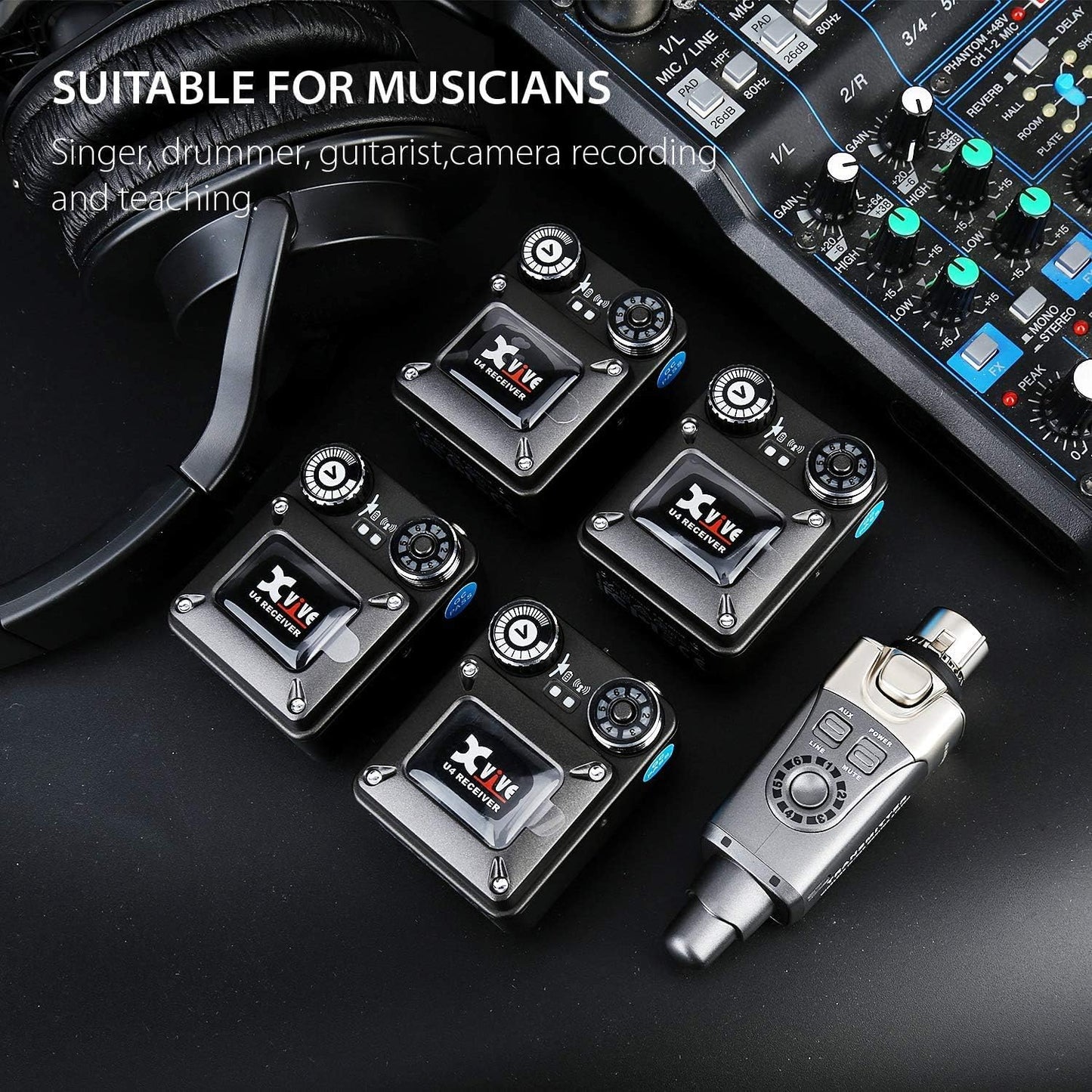 Xvive U4R4 Wireless in-Ear Monitor System 1 Transmitter and 4 Beltpack Receiver Personal IEM for Studio, Band Rehearsal,Live Performance