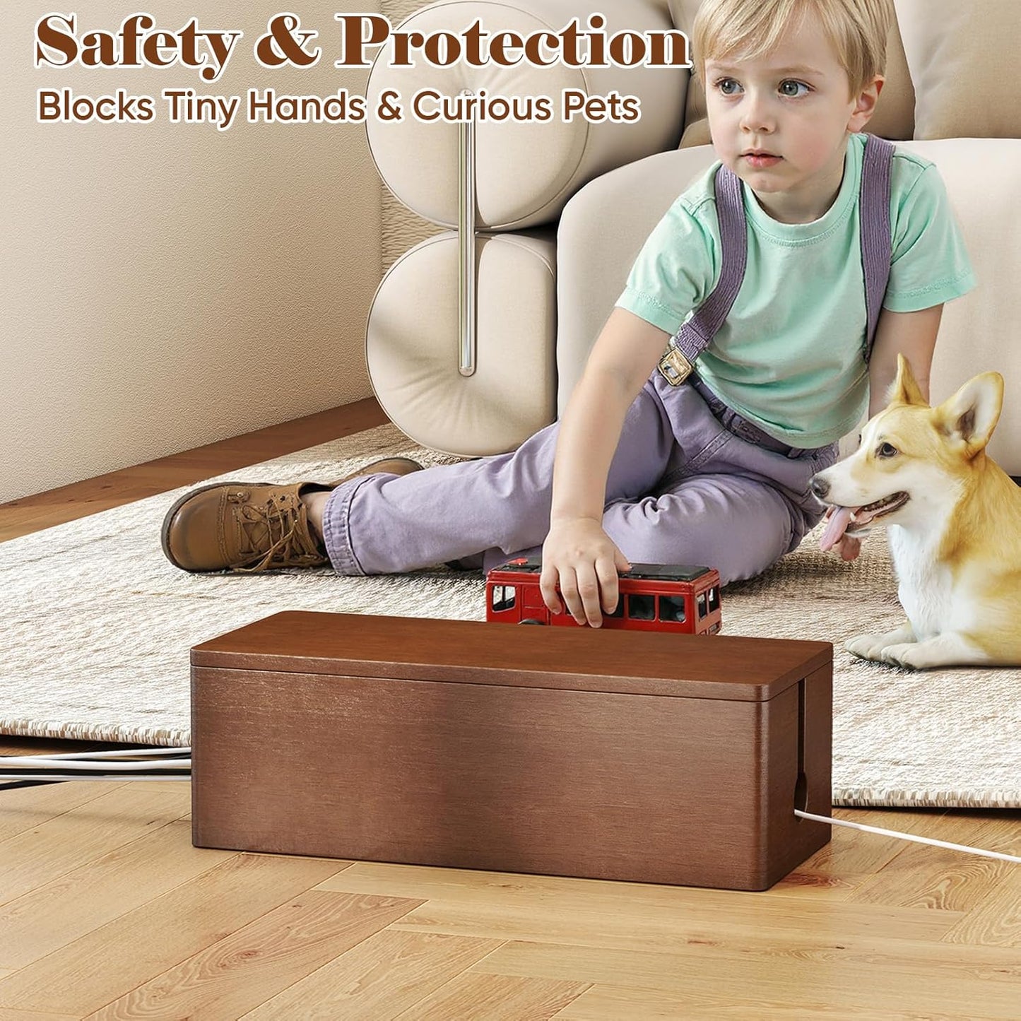 Delamu Wooden Cable Management Box with Magnetic Lid, Duty Cord Organizer for Desk Power Strip Hider Cover with Ventilation for Desk, Floor, Home Office, Baby Pets Safe Storage Solution