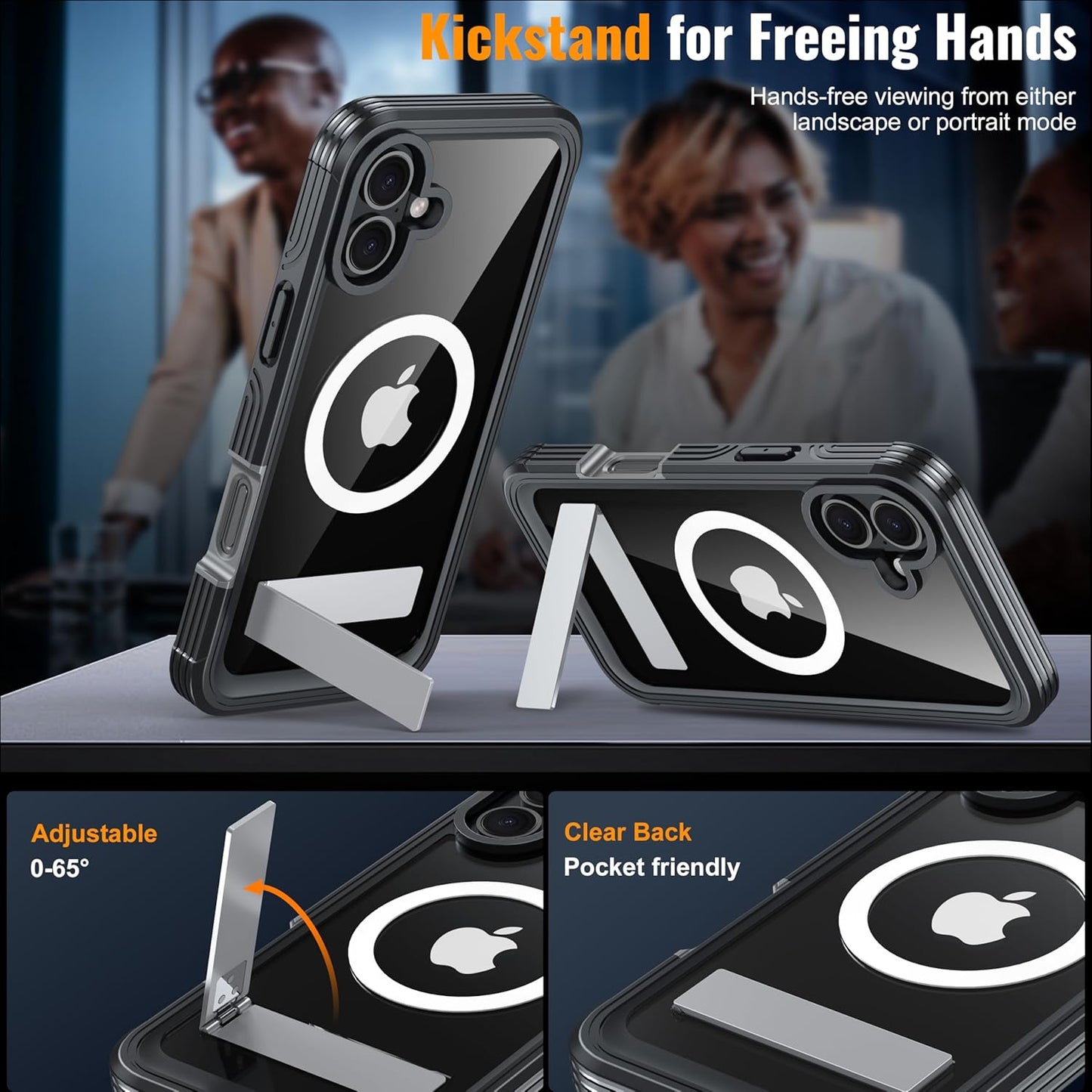 360° Protection Magnetic for iPhone 16 Case Built-in 9H Privacy Screen Protector & Metal Stand[Fit for Magsafe][Anti-Spy][Lens Protector] Heavy Duty Shockproof Phone Case for iPhone 16(Black)