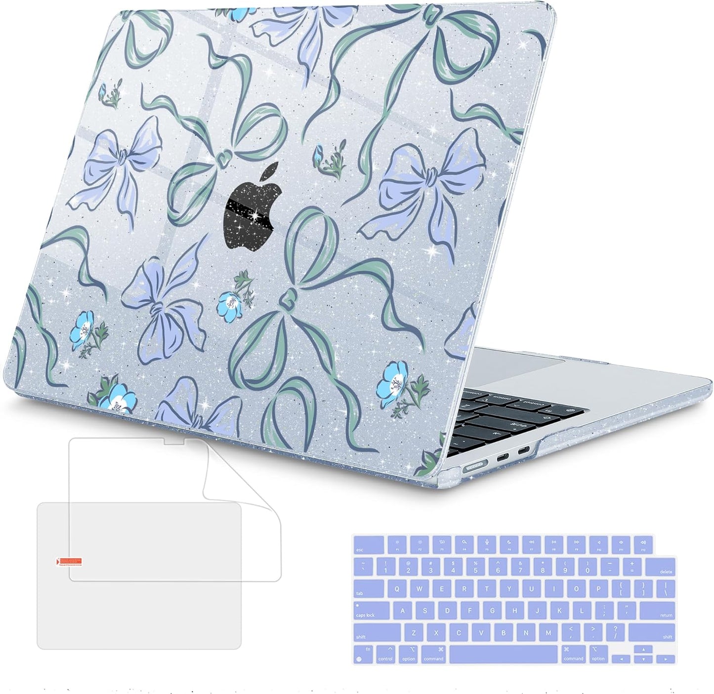 Mektron for 2025 MacBook Air 15 inch M4 Case A3241/ 2024 M3 A3114/ 2023 A2941 M2 Hard Printed Case with 15.3 Liquid Retina Display Touch ID, Plastic Hard Cover & Keyboard Skin- Bows C355-Glitter Blue