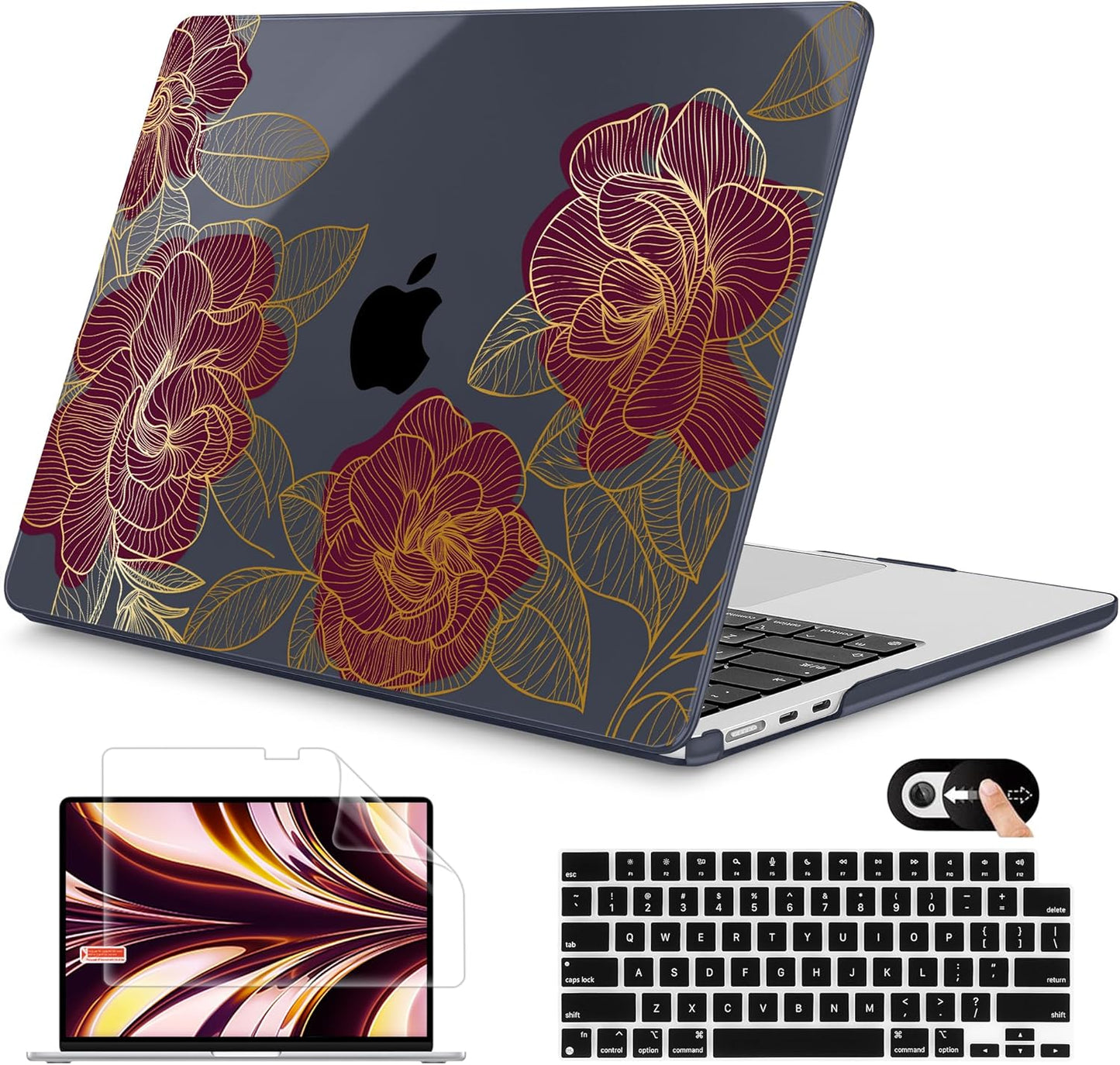 Mektron for 2025 M4 MacBook Air 13.6 Inch A3240 Case Fits 2023 A2681 M2 2024 A3113 M3 Chip with Liquid Retina Display Touch ID, Printed Plastic Hard Shell Cover for MacBook Air 13.6", Golden Rose