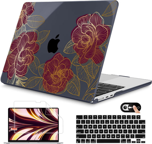 Mektron for 2025 M4 MacBook Air 13.6 Inch A3240 Case Fits 2023 A2681 M2 2024 A3113 M3 Chip with Liquid Retina Display Touch ID, Printed Plastic Hard Shell Cover for MacBook Air 13.6", Golden Rose