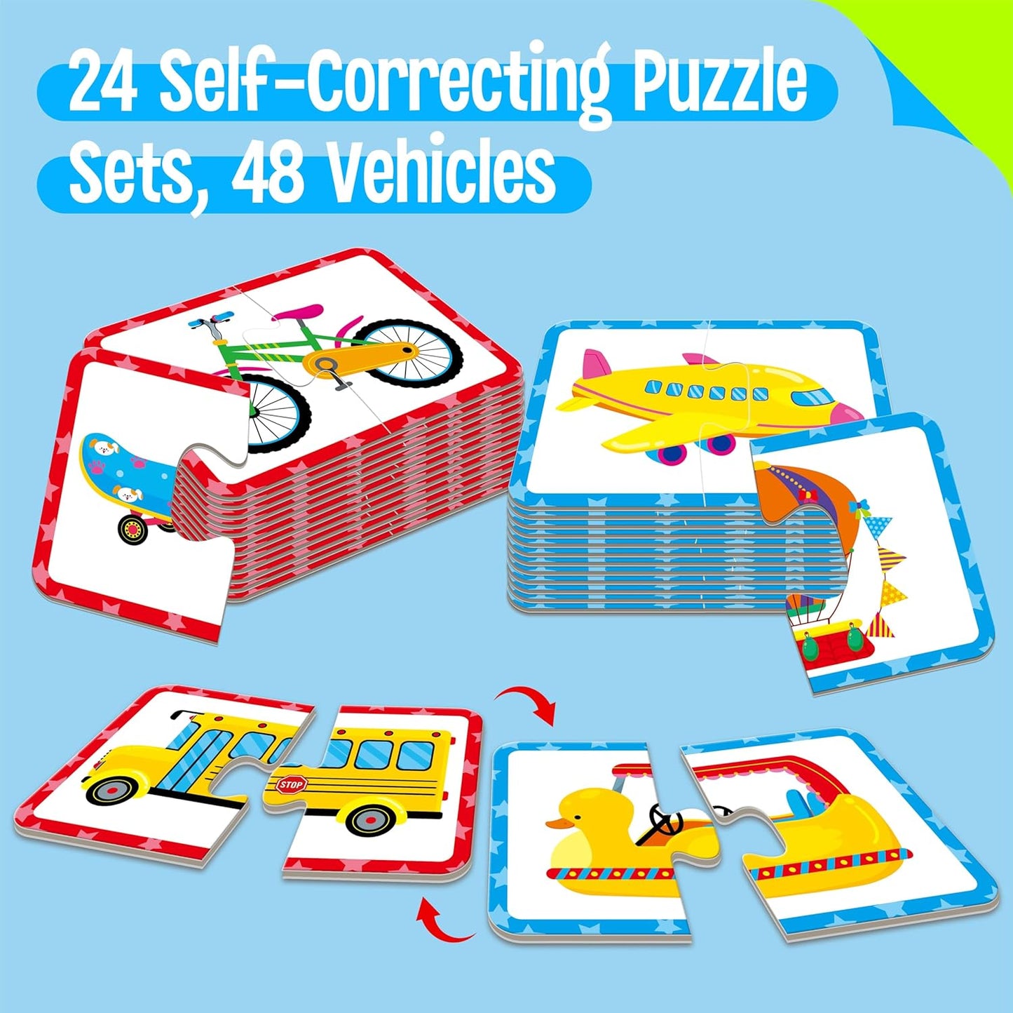 48 Vehicle Matching Puzzles, Self-Correcting Puzzle Match Game Educational Learning Activities for Toddlers, Preschool, Transportation-Themed Learning Games Toys for 3 Years Old