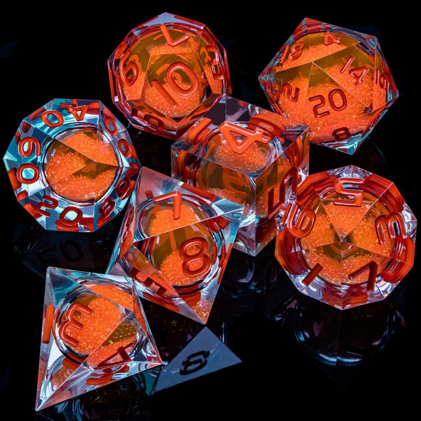 ARUOHHA Liquid Core DND Dice Set, 7pcs Resin Sharp Edged Dragons Dice Role Playing Games, RPG Orange Dungeons Polyhedral Dice with Gift Box D20 D12 D10 D8 D6 D4