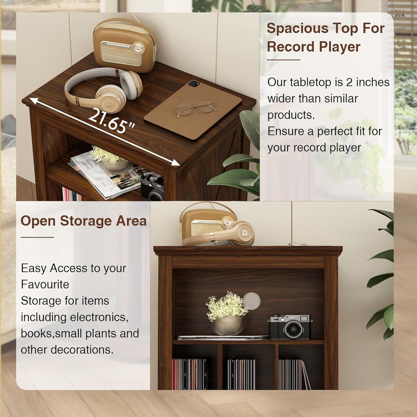 Farmhouse Record Player Stand, 3 Tier End Table, Turntable Stand with Vinyl Record Storage ,Wood Record Holder Cabinet Dispaly Shelf for Living Room,Bedroom,Rustic Brown