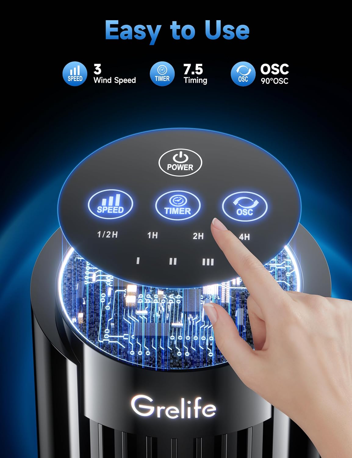 Grelife Tower Fan, 13" Electronic Model with Remote Control, 28dB Quiet Operation, 90° Wide Oscillation, 3 Speeds, 7.5H Timer, LED Display, Bladeless Safe Design for Bedroom Office Home Dorm and Desk