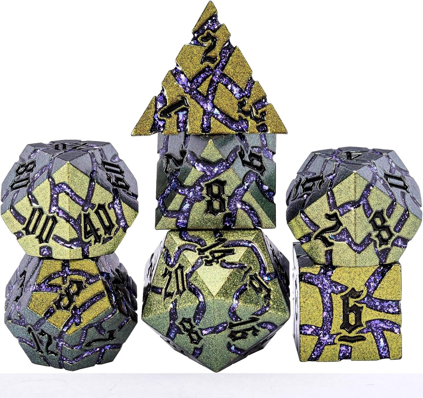 Dice Set D&D Metal,DND Metallic Glitter Crack Dice with Gift Box for RPG Board Games (Greenish Yellow Color + Purple)