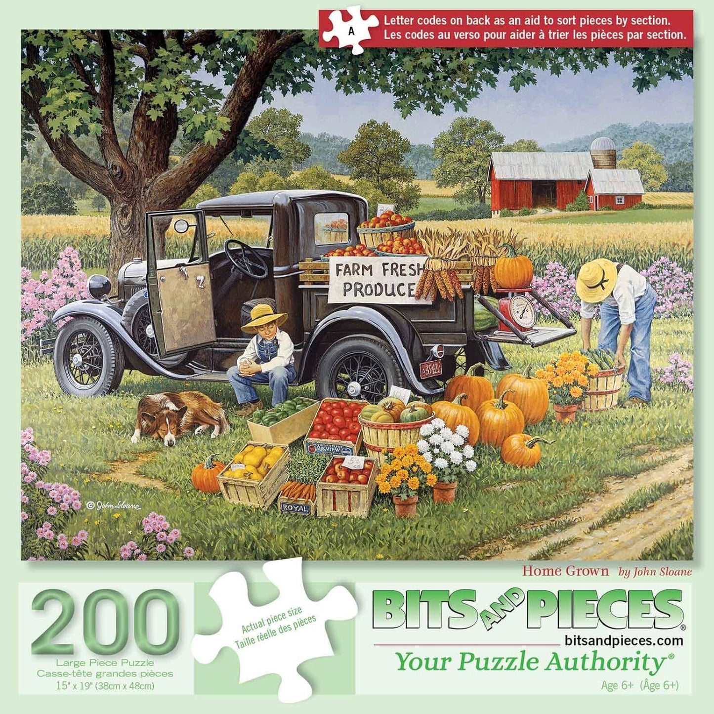 Bits and Pieces - 200 Piece Big Piece Jigsaw Puzzle for Seniors - 15" x 19" - Home Grown - 200 pc Fall On The Farm Large Lettered Pieces Mental & Physical Dexterity Jigsaw by John Sloane