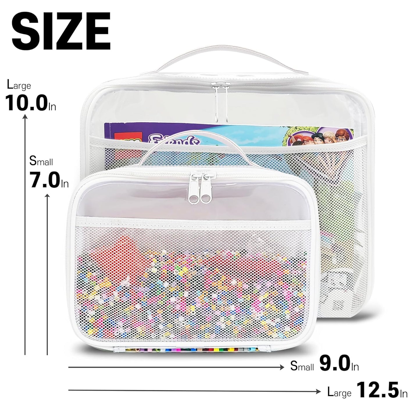 holay 4 Packs PVC Zippered Blocks Set, Toy, Clay, Board game Storage Organizer Case (Name Tag, Manual Pocket) (White, Large)