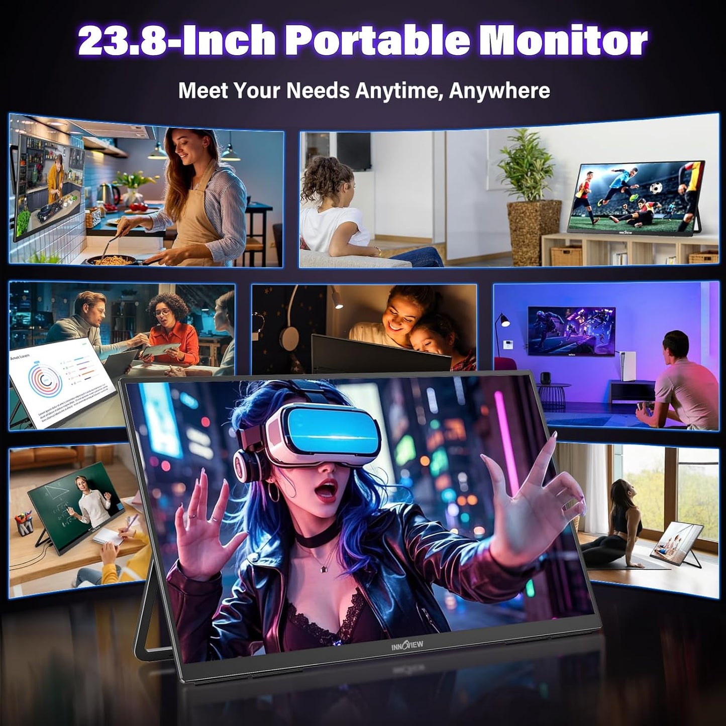 InnoView 23.8 Inch 2K 100Hz Large Portable Monitor ∆E<2 100% sRGB Fast IPS Portable Gaming Monitor QHD w/180° Adjustable Stand USB-C HDMI Laptop Monitor for PS5/4 Desktop MacBook Switch Xbox 2560X1440
