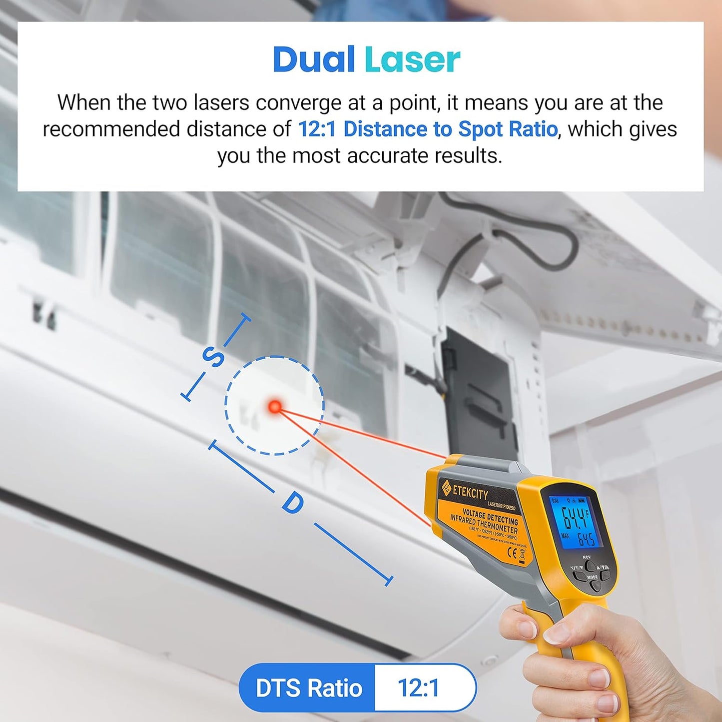 Etekcity Infrared Thermometer 1025D (Not for Human) Dual Laser Temperature Gun-58℉~1022℉ (-50℃~550℃) with Adjustable Emissivity, Non-Contact Voltage Tester (NCV), Standard Size, Yellow & Gray