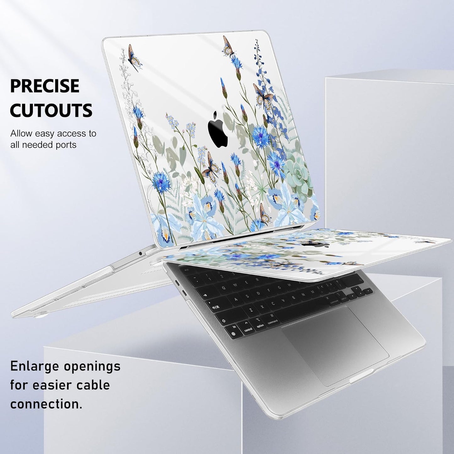 May Chen Compatible with MacBook Pro 13 inch Case with Touch Bar 2022 2021 2020 Release A2338 M1/M2 A2251 A2289, Plastic Hard Shell Case with Keyboard Cover + Dust Plug, Blue Flowers Leaves